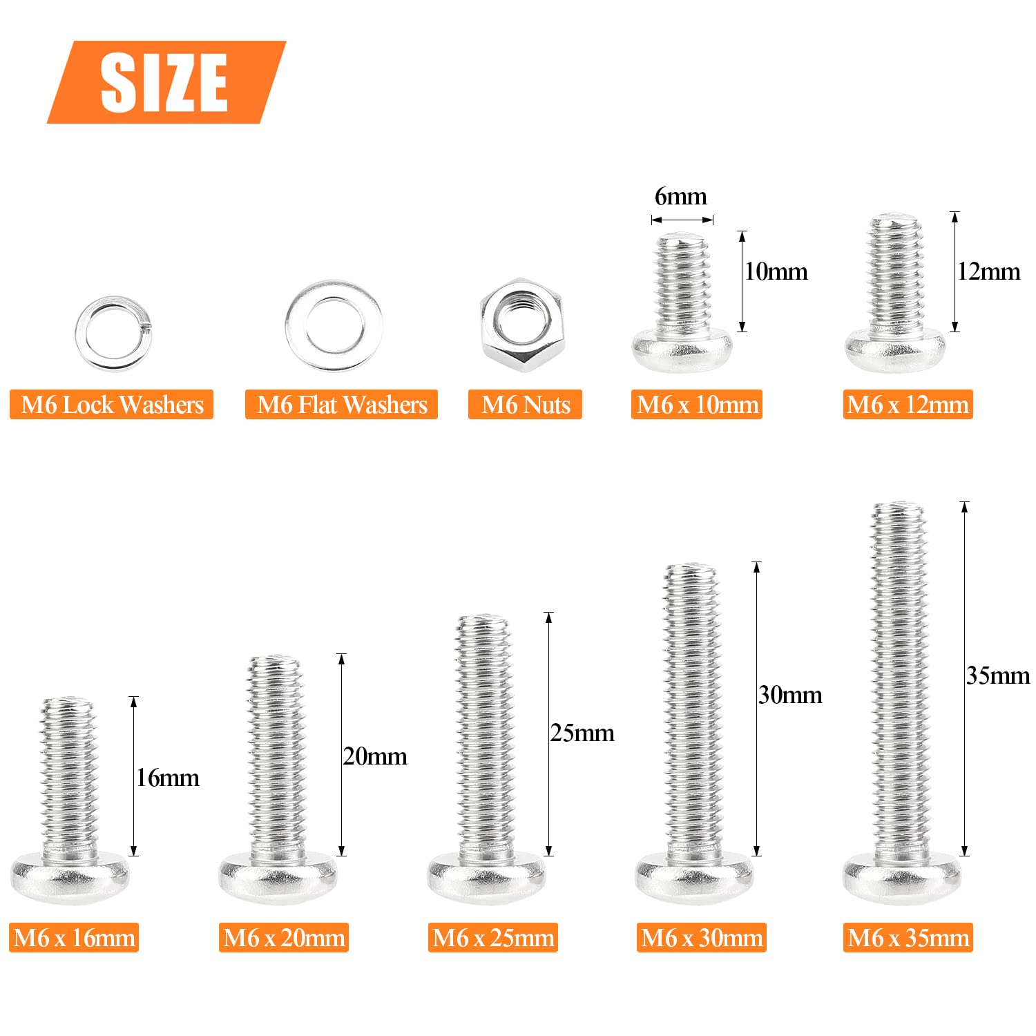 100 piezas M6 x 0.394 in 0.472 in 0.630 in 0.787 in 0.984 in 1.181 in 1.378 in, tornillos métricos, tornillos métricos, arandelas, tuercas, acero