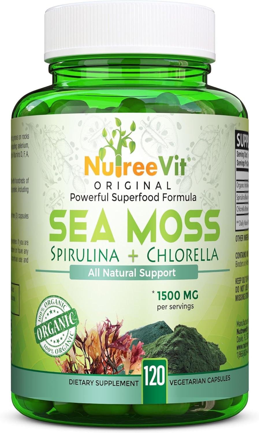NutreeVit 100% Orgánico – Musgo Marino+Espirulina+Clorella (60 Cápsulas)