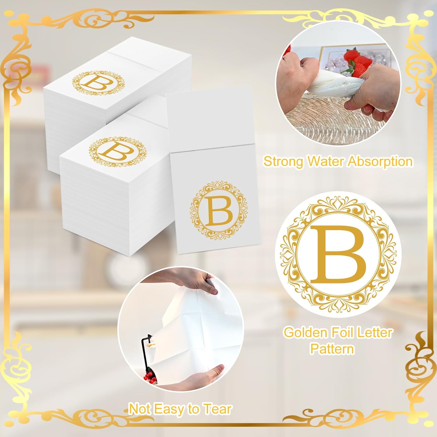 Servilletas de bolsillo desechables con monograma, paquete de 50 servilletas blancas y doradas con letra B, toallas de mano desechables para baño,