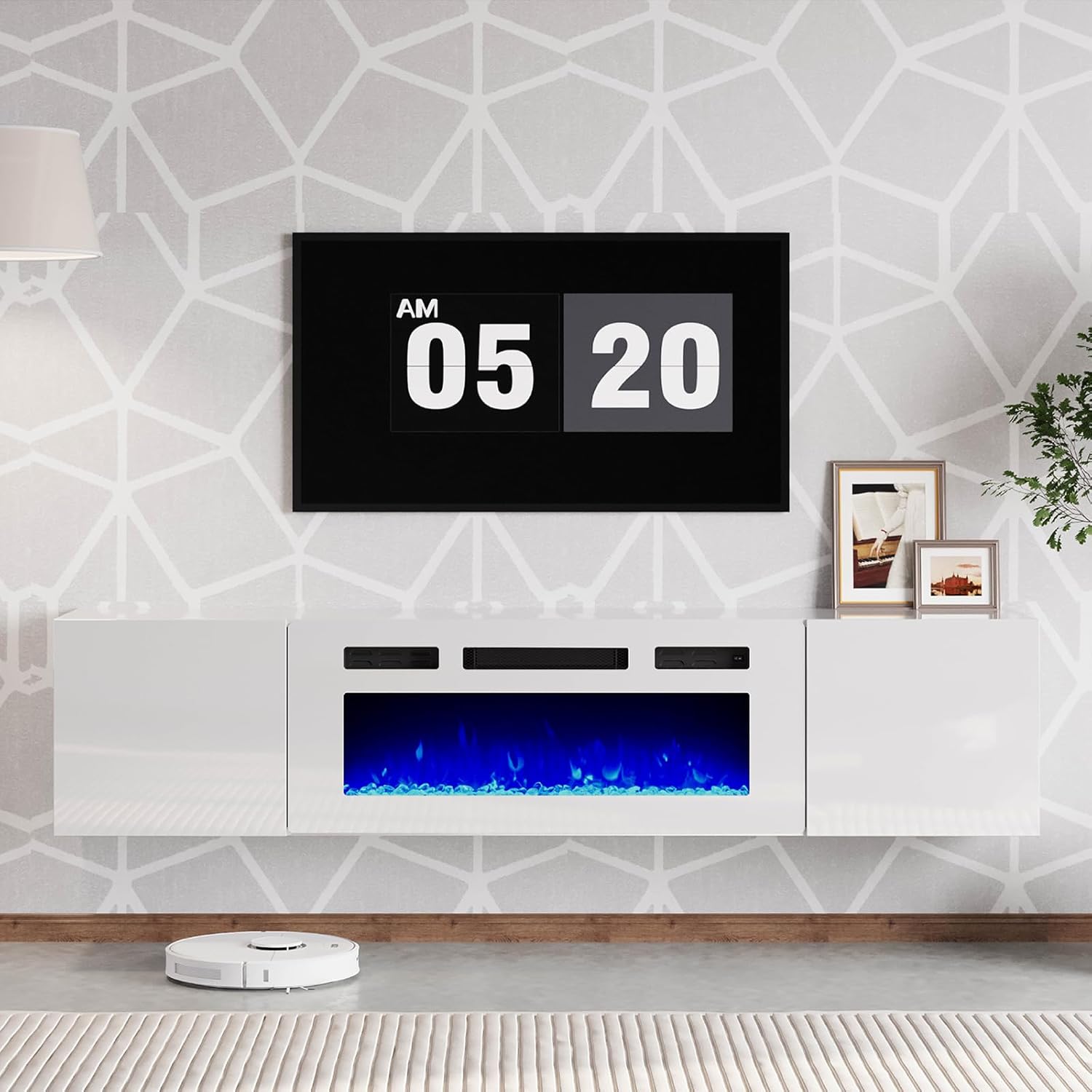 AMERLIFE Soporte de TV flotante con chimenea eléctrica de 36 pulgadas, acabado brillante, centro de entretenimiento con chimenea con almacenamiento