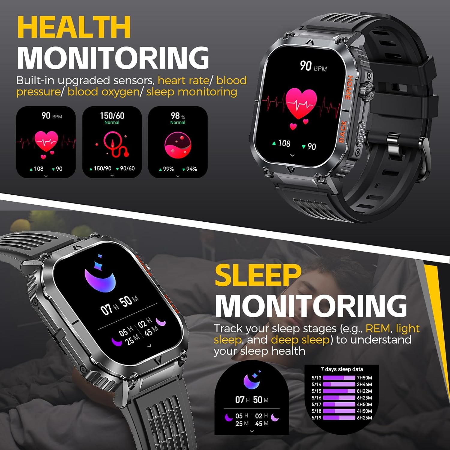 Reloj inteligente militar para hombre, resistente al agua, 5 ATM, con llamada, 2.02 pulgadas, pantalla grande, resistente al aire libre, reloj
