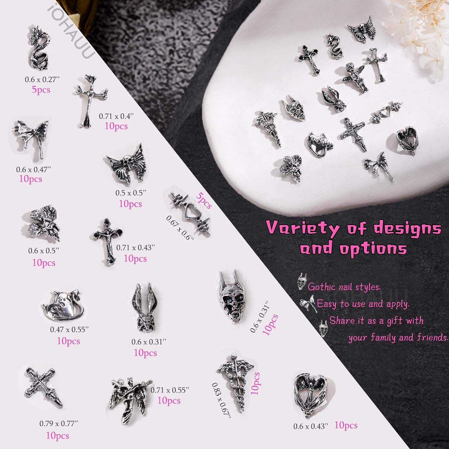 130 dijes de uñas de metal plateado 3D Y2K para uñas cromadas y accesorios de pulsera punk, aleación vintage, mariposa, cruz, corazón, cráneo,