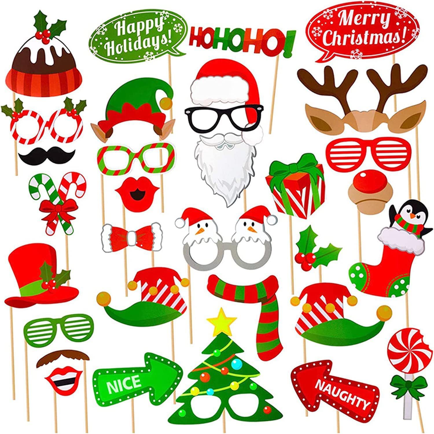 Accesorios para cabina de fotos de Navidad, 32 piezas, kits de accesorios de fotos para niños y adultos, decoración de fotografía de Feliz Navidad