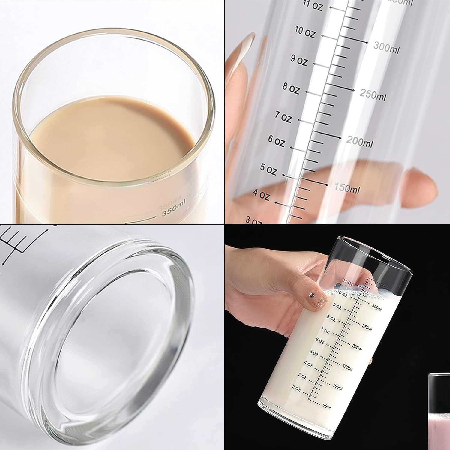 Vaso de vidrio graduado, vaso medidor de vidrio de borosilicato alto para ancianos, principiantes, pérdida de peso, vidrio transparente recto con