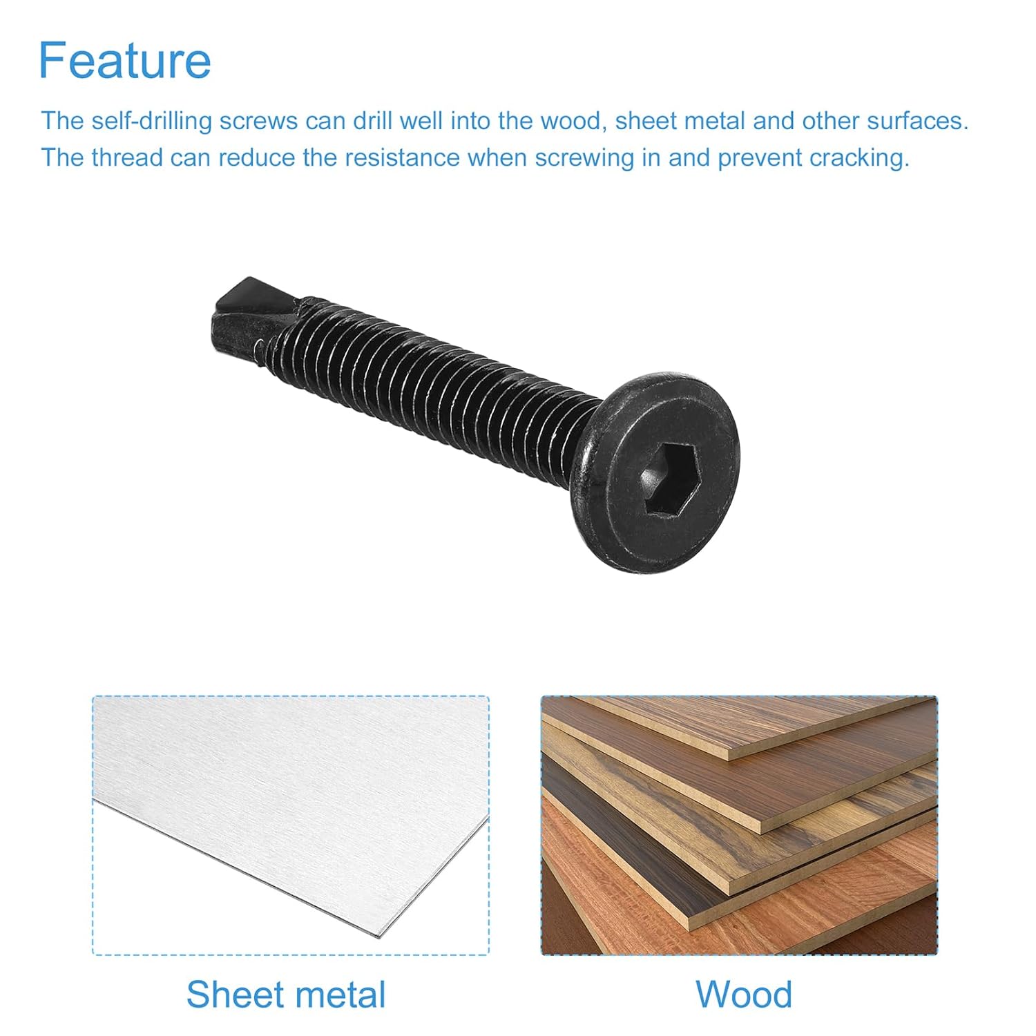 uxcell Tornillos autorroscantes hexagonales, 14 x 1-58″ 410 Tornillo de perforación de cabeza plana de chapa de acero inoxidable 410, 50 piezas,