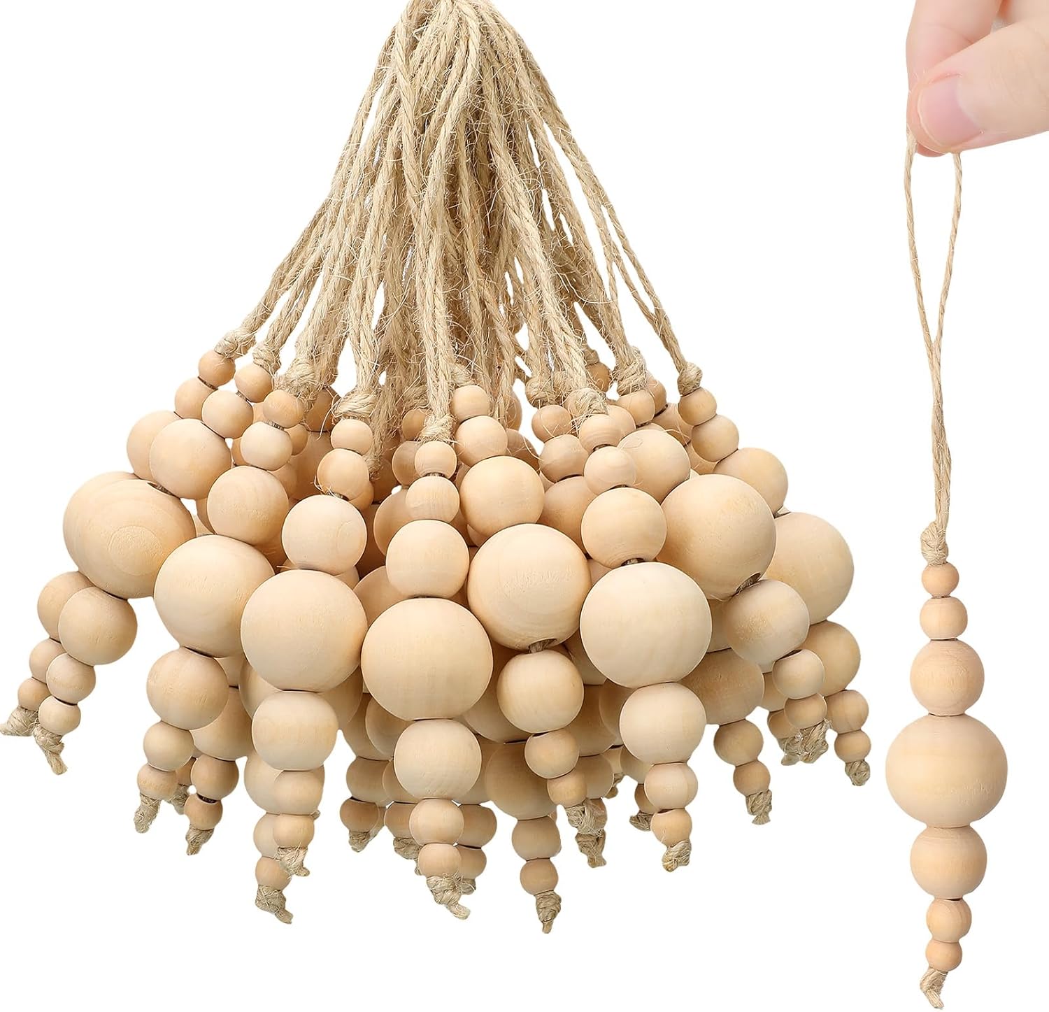 36 borlas de cuerda de yute de Navidad con 7 cuentas de madera, borlas de yute para manualidades, adornos colgantes de cuentas de madera natural,