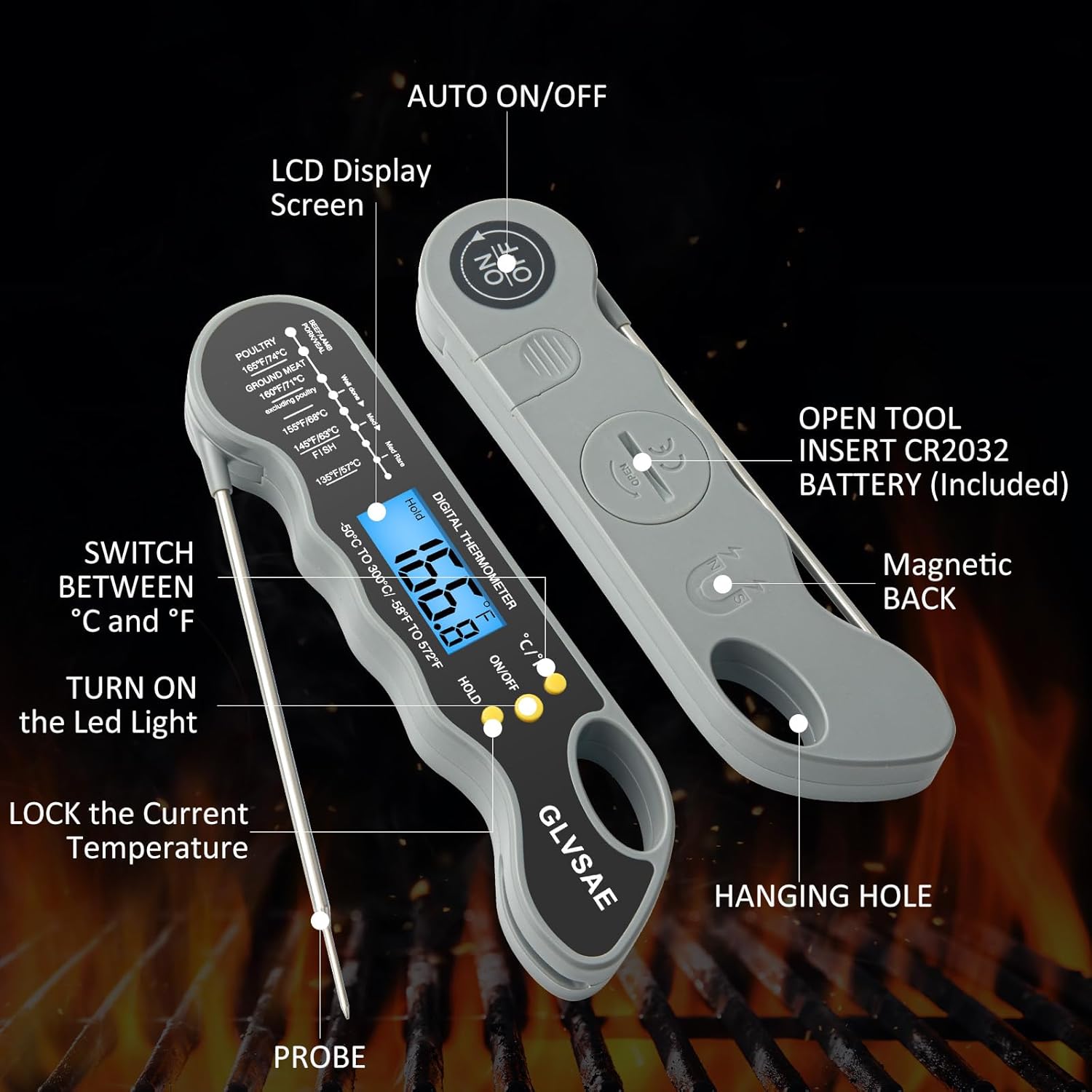 Termómetro digital impermeable para carne de lectura instantánea con sonda plegable de 4.6 pulgadas, retroiluminación y función de calibración para