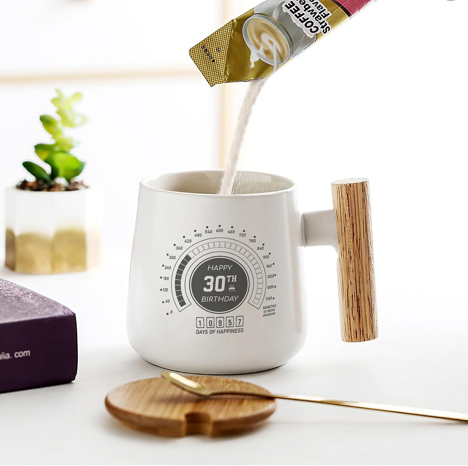 Taza de cerámica personalizada con mango de madera con tapa de bambú y cuchara de acero inoxidable, regalo de cumpleaños para esposa, marido, él,
