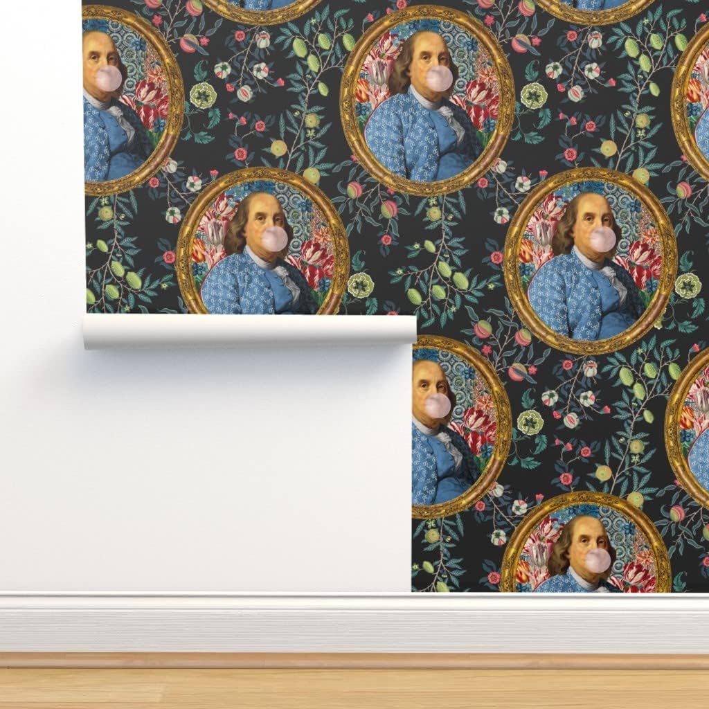 Spoonflower Muestro de papel tapiz extraíble – Bubblegum Ben Franklin Presidente Floral Print Charcoal Novedad Papel pintado personalizado pre-pegado