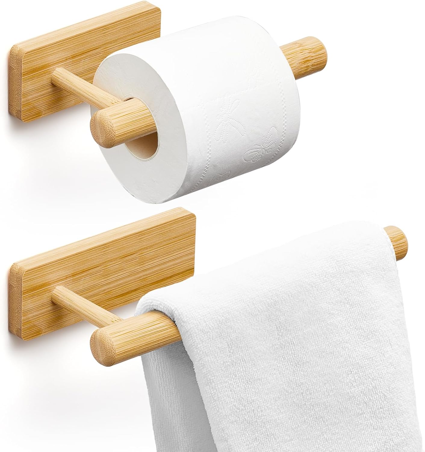 Maxcheck 2 piezas de soporte de bambú para papel higiénico montado en la pared, toallero de madera, soporte para papel higiénico y toallero, juego