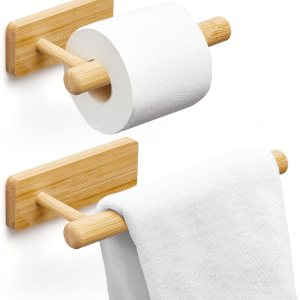 Maxcheck 2 piezas de soporte de bambú para papel higiénico montado en la pared, toallero de madera, soporte para papel higiénico y toallero, juego Maxcheck 2 piezas de soporte de bambú para papel higiénico montado en la pared, toallero de madera, soporte para papel higiénico y toallero, juego