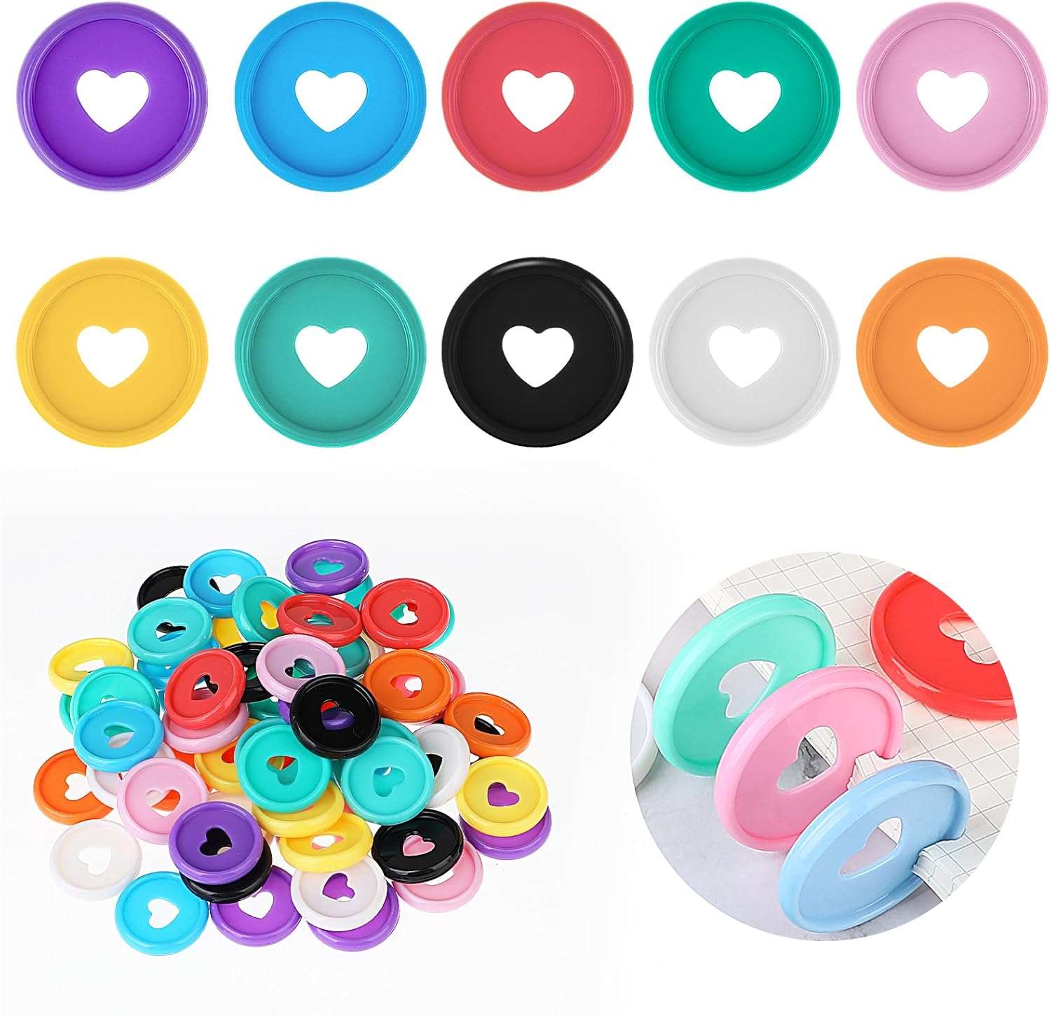 60 discos de plástico para carpeta de hojas sueltas, 10 colores de 1.4 pulgadas, discos expansores de plástico con forma de corazón de 1.4 pulgadas,
