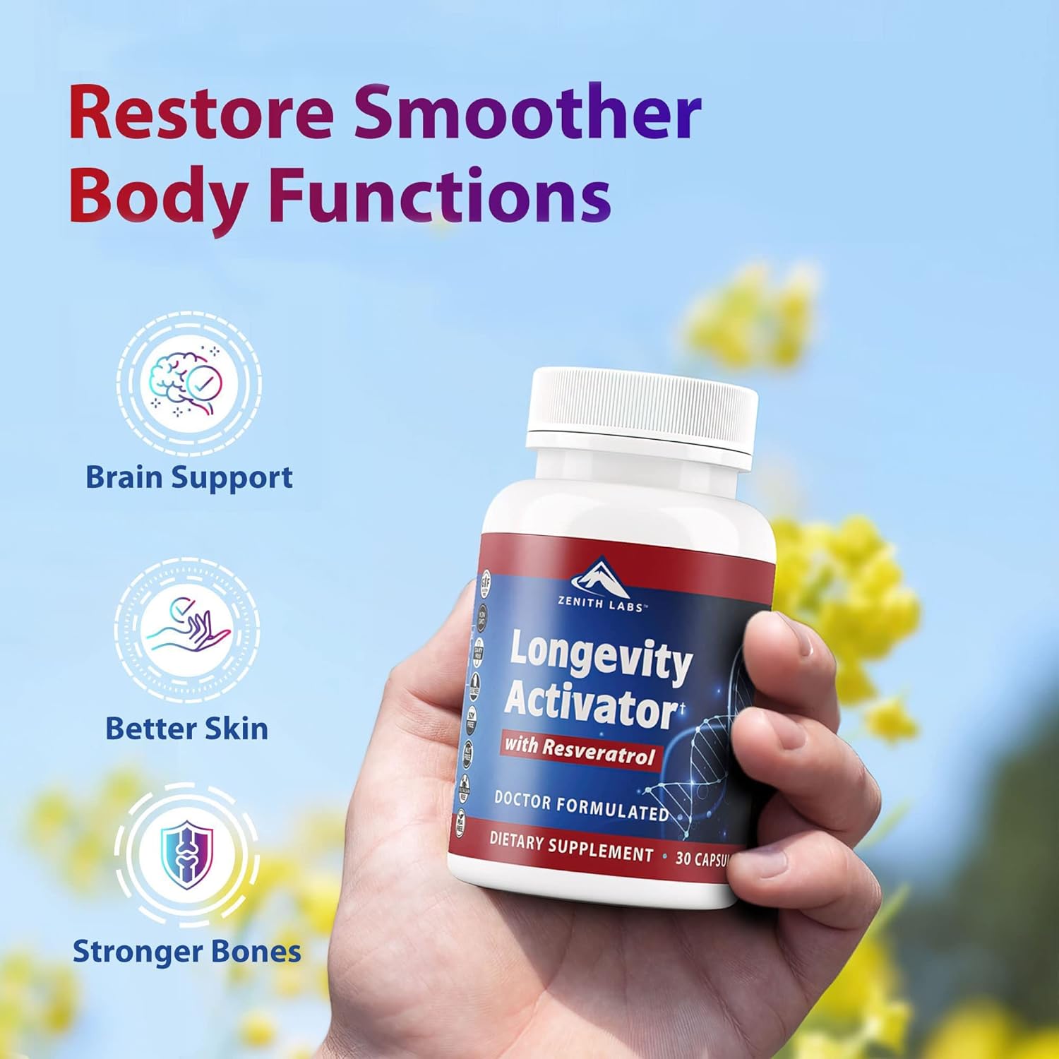Zenith Labs Suplemento dietético activador de la longevidad antienvejecimiento, antioxidantes naturales con resveratrol, apoya la función