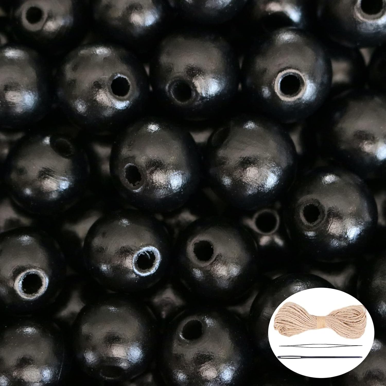 100 cuentas de madera negra con agujero de 0.197 pulgadas, cuentas redondas sueltas pulidas, cuentas espaciadoras a granel con cordel de yute de