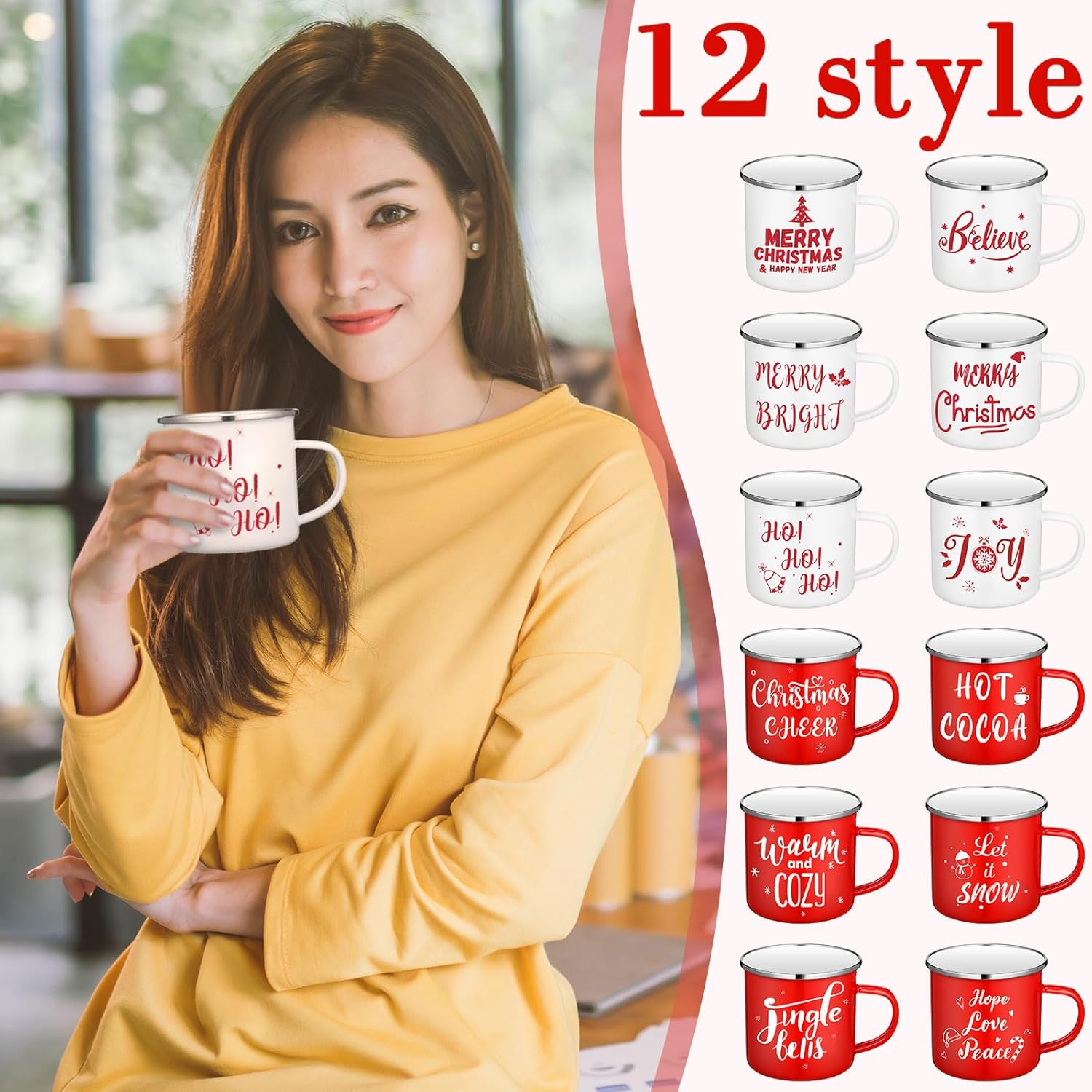 12 tazas de café de Navidad esmaltadas de invierno con citas de 12 onzas, tazas blancas y rojas, divertidas tazas de café de Navidad para mujeres,