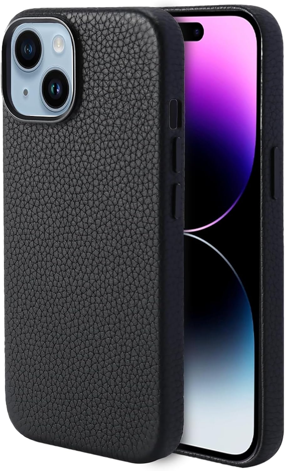 Funda de cuero genuino para iPhone 15 (6.1 pulgadas) Funda magnética de cuero de grano superior Litchi – Compatible con Magsafe – Negro