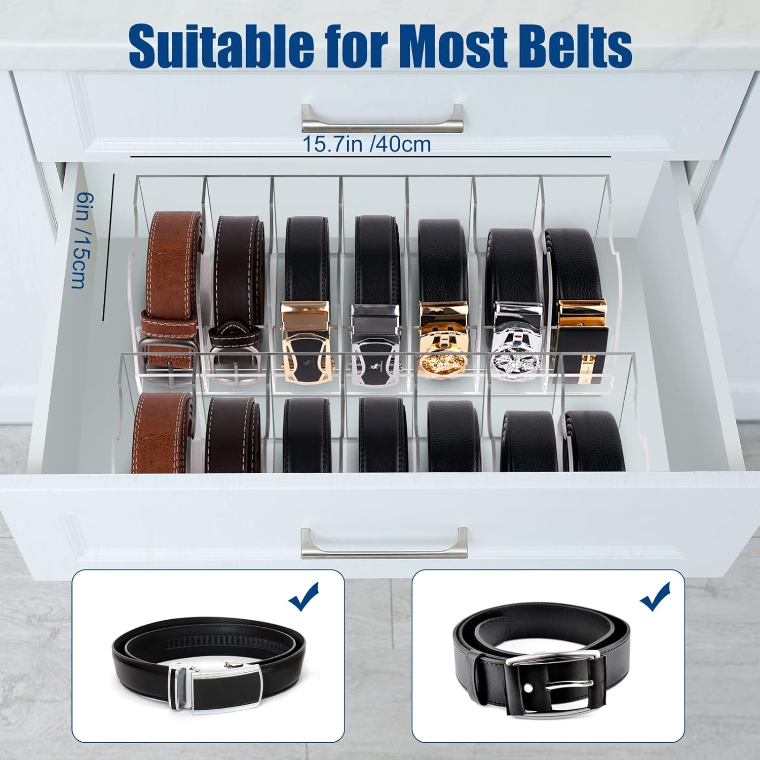 Organizador de almacenamiento de cinturón de acrílico, 7 compartimentos, caja transparente universal, ideal para el hogar, armario y tienda de ropa
