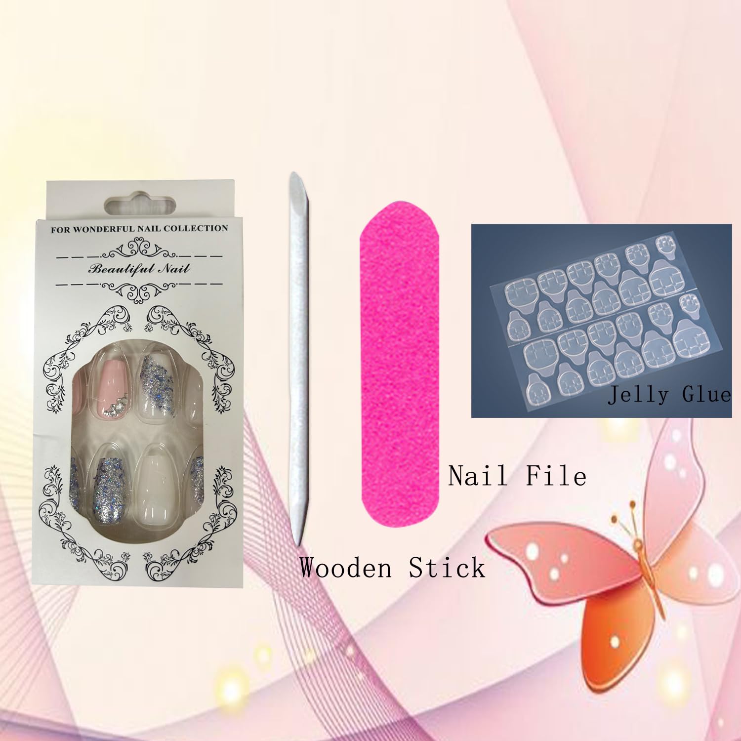Uñas postizas artificiales a presión de longitud media con diseño de lentejuelas plateadas, cobertura completa, reutilizables, rosadas, en forma de