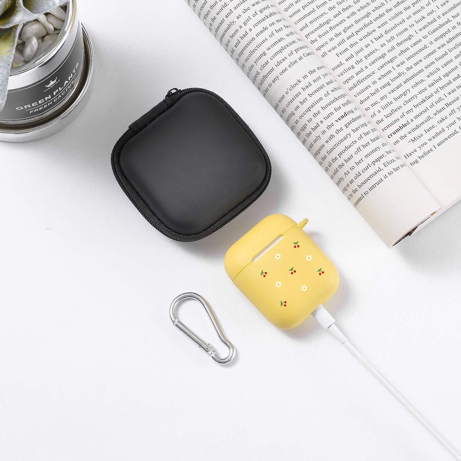 Funda amarilla para AirPod 1 y 2 con llavero de mosquetón de anillo, bonita funda de cereza inalámbrica para auriculares inalámbricos, funda
