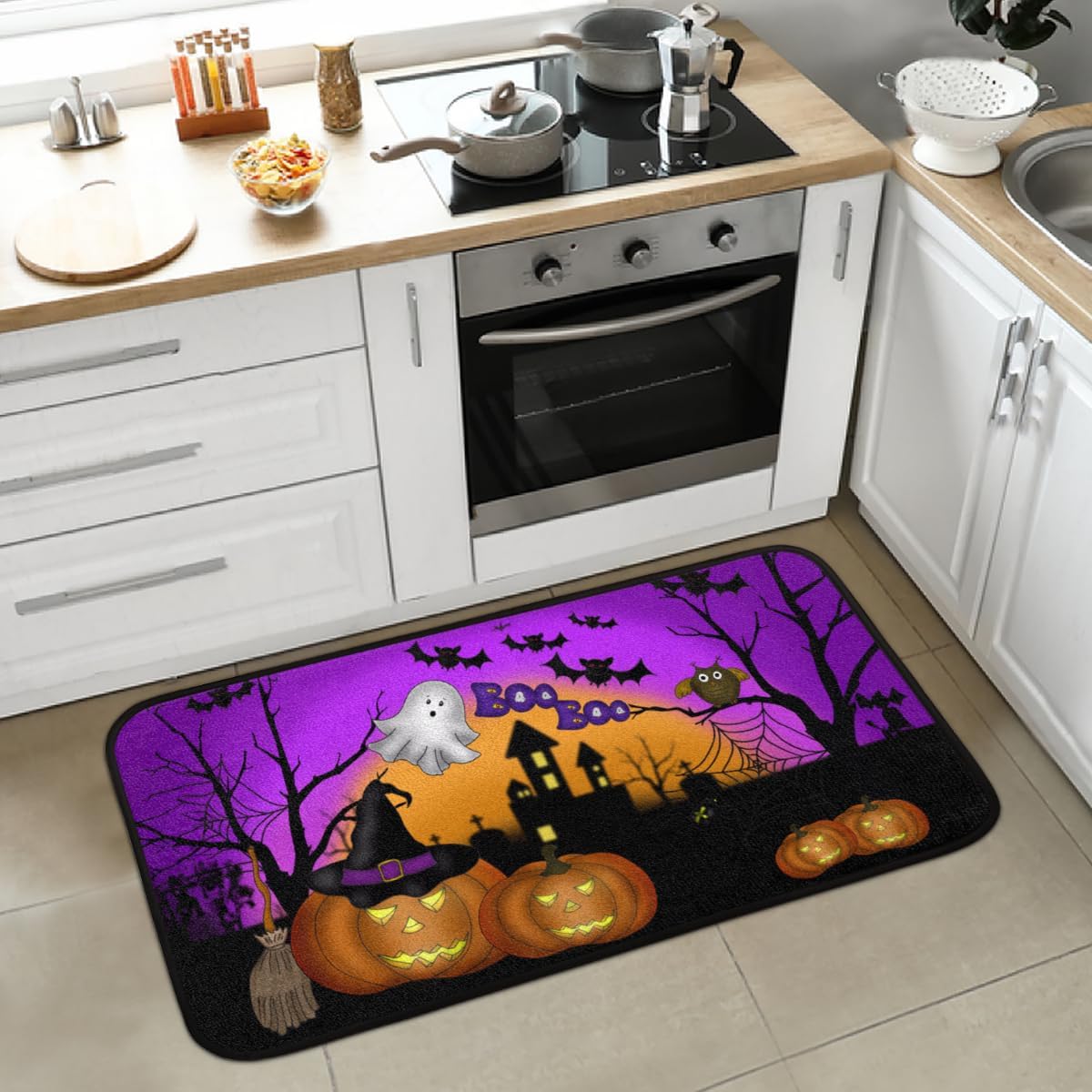 cfpolar Alfombra de cocina de fantasma, castillo de Halloween, antideslizante, antifatiga, tapete de cocina para piso, tapete de cocina acolchado