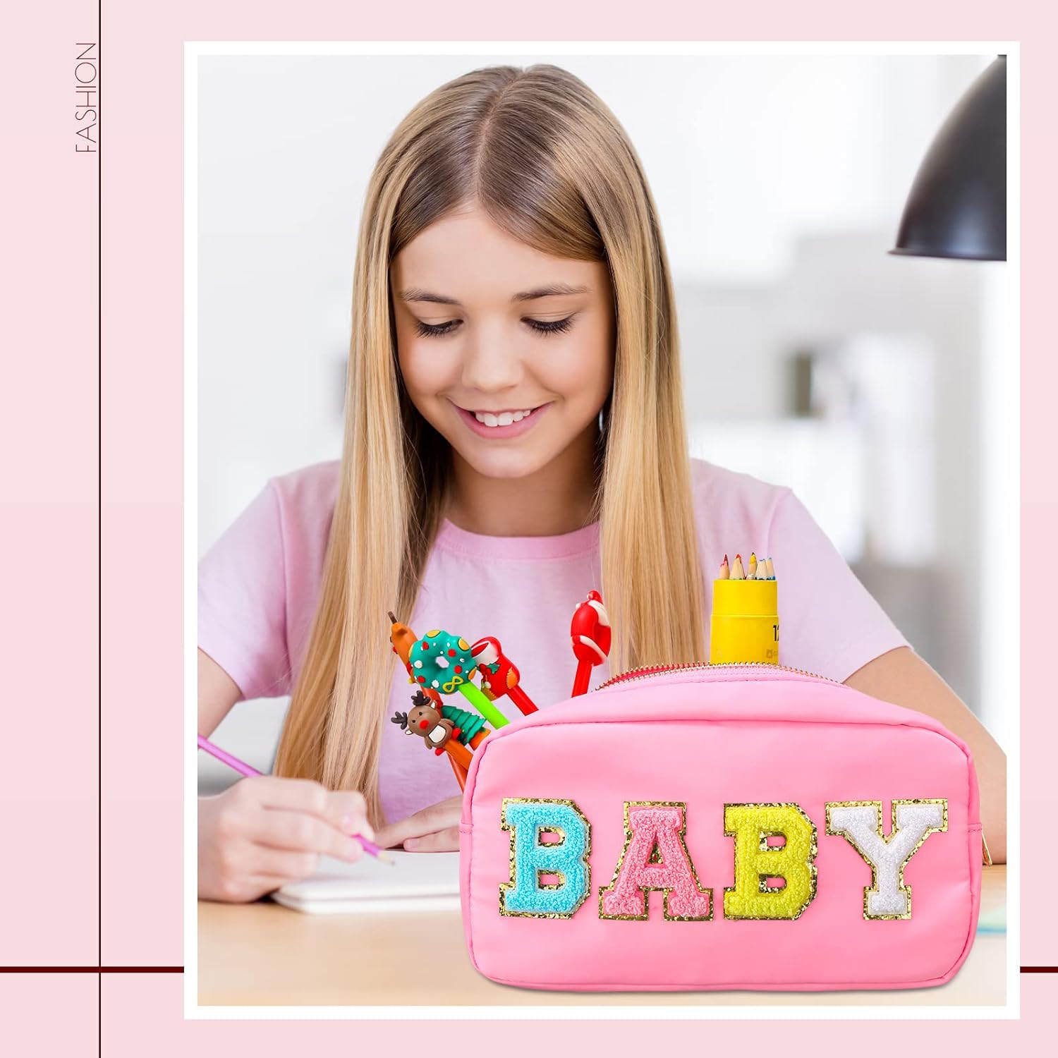 Sanwuta Bolsa de cosméticos de nailon, bolsa de maquillaje con letras de chenilla, bolsa de maquillaje con cremallera, bolsa de artículos de tocador