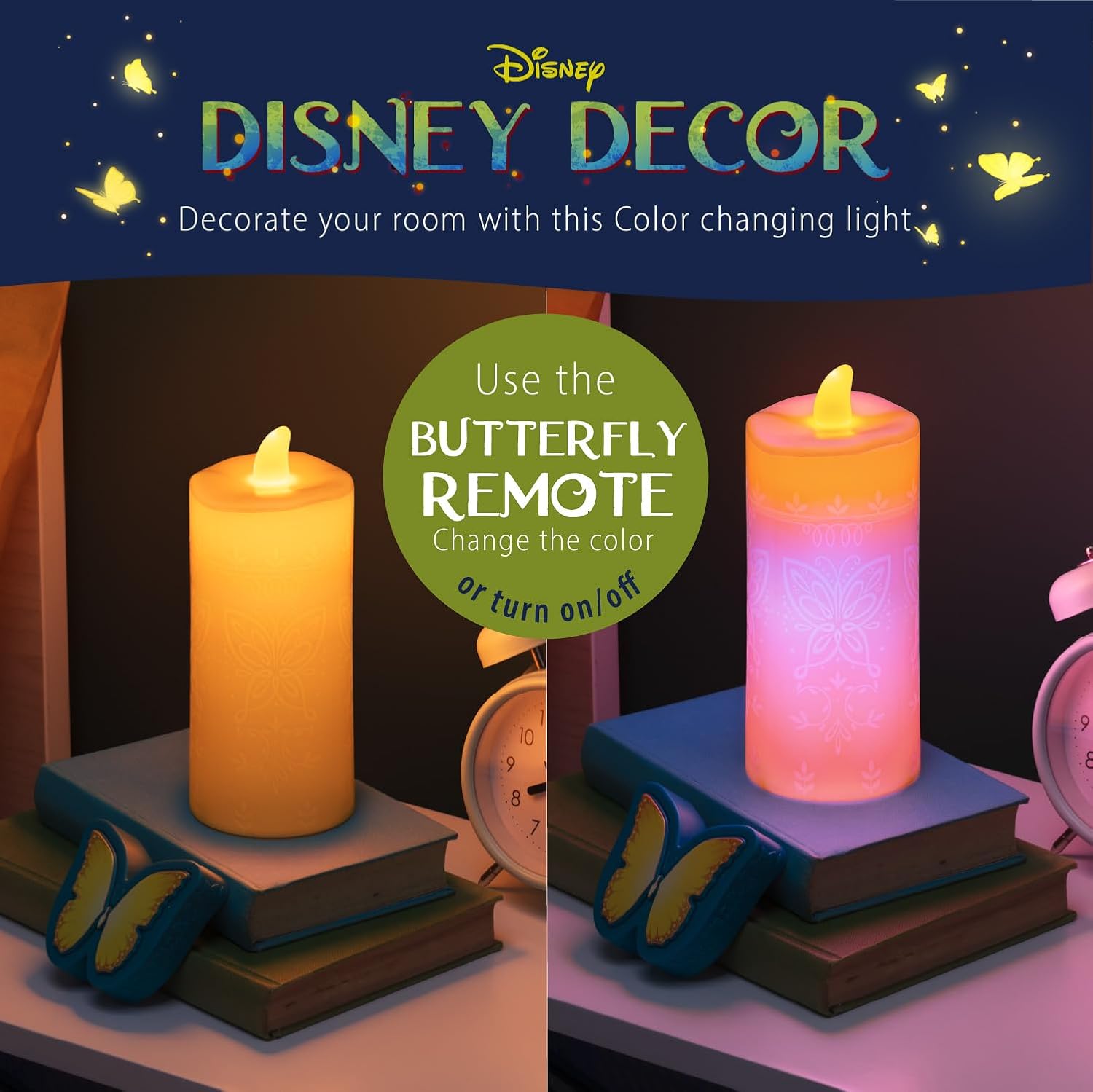Paladone Disney Encanto – Luz de vela con control remoto de mariposa, decoración mágica de luz que cambia de color, alimentada por 5 pilas AAA