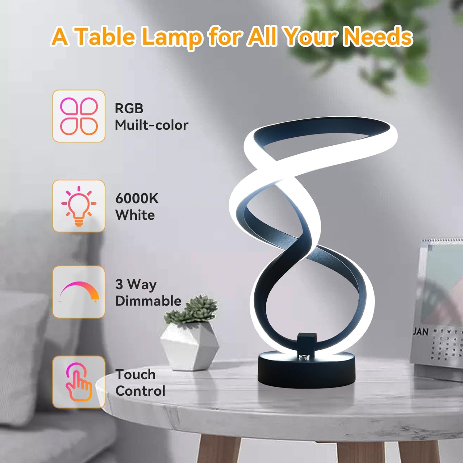 AVANLO Modern Table Lamp Christmas Gifts, RGB Touch Dimmable Bedside Lamp, LED Unique Spiral Lamp for Bedroom, Cool Desk Nightstand Lamps for Living