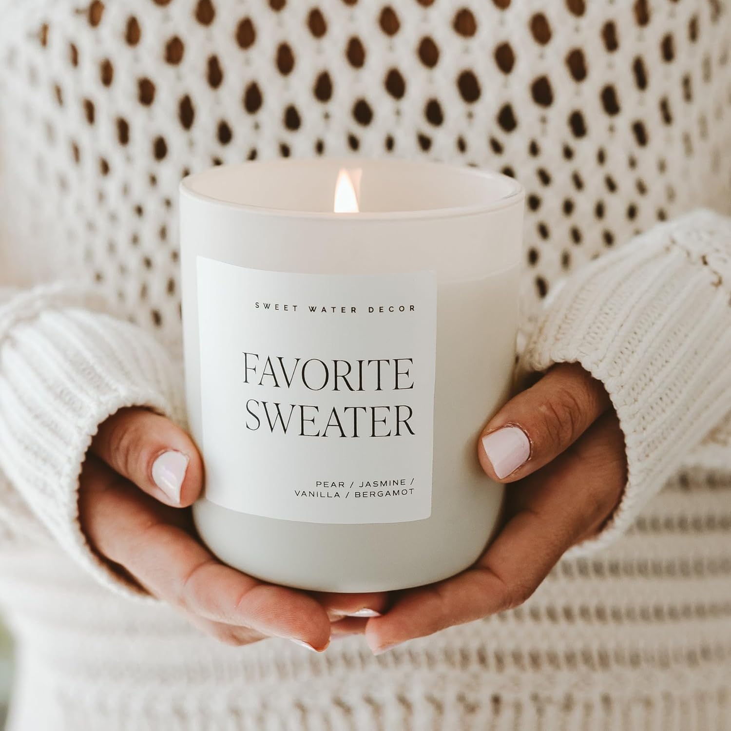Sweet Water Decor Sweater Winter Christmas Holiday Candle  Milky Coconut, Jasmine, and Soft Cashmere Scented Candle for Home  15oz Clear Jar, 70+