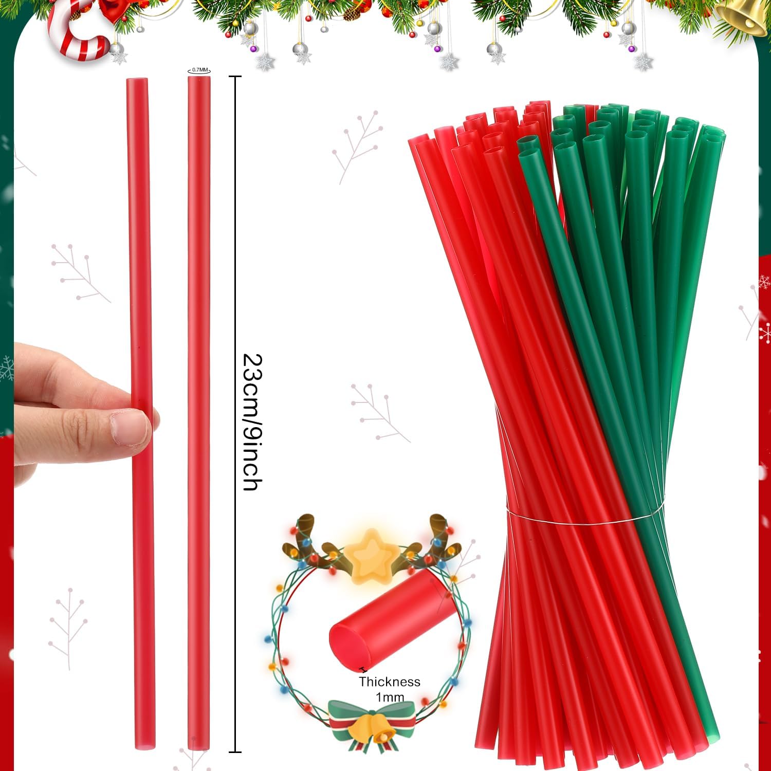 Zhehao 200 popotes de plástico para Navidad, color verde y rojo, pajitas desechables de plástico duro, popotes de plástico reutilizables para