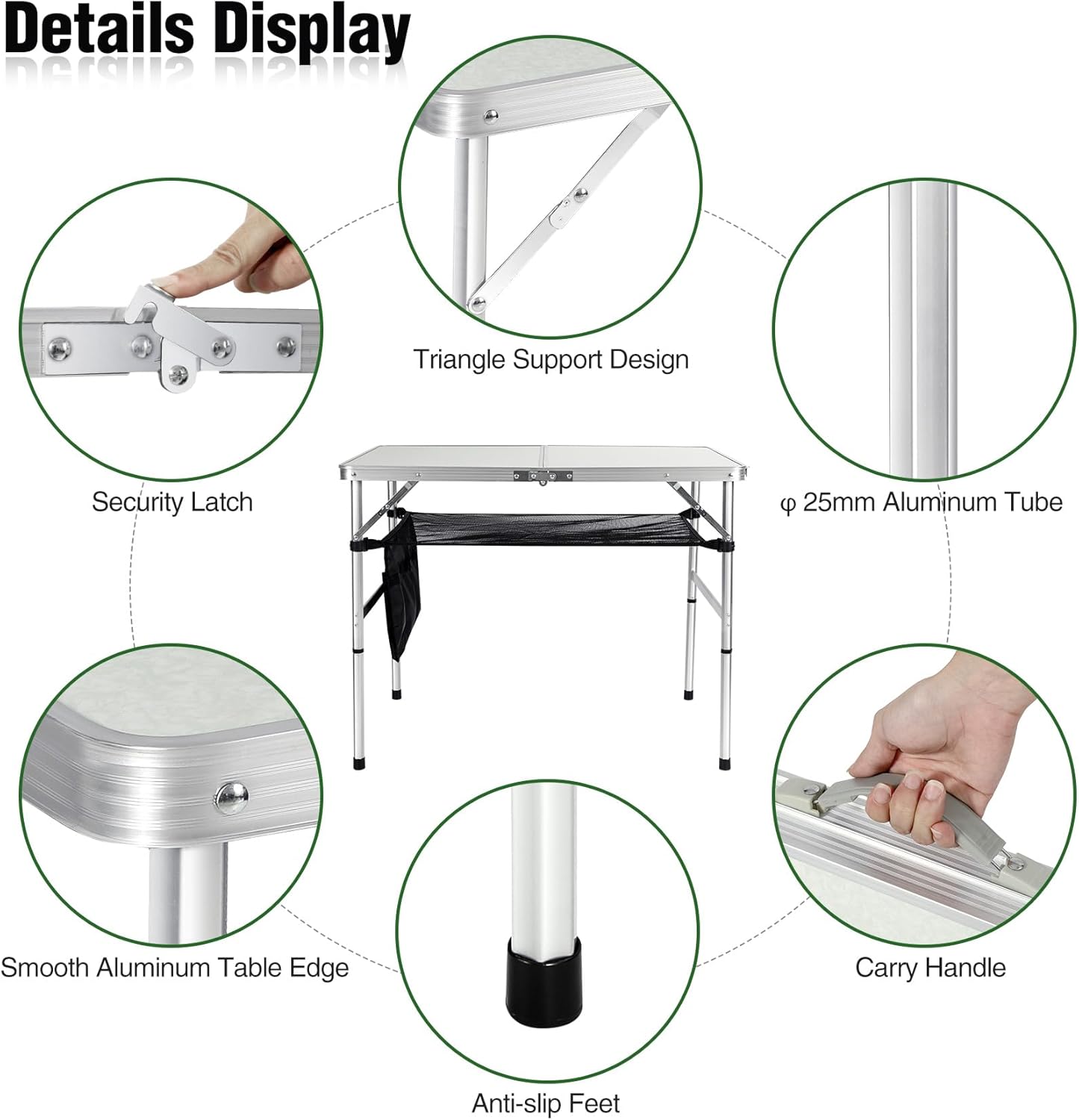 RedSwing Mesa plegable de 3 pies de altura ajustable, ligera y portátil, patas hexagonales de aluminio, mesa de campamento con capa de malla, 36 x