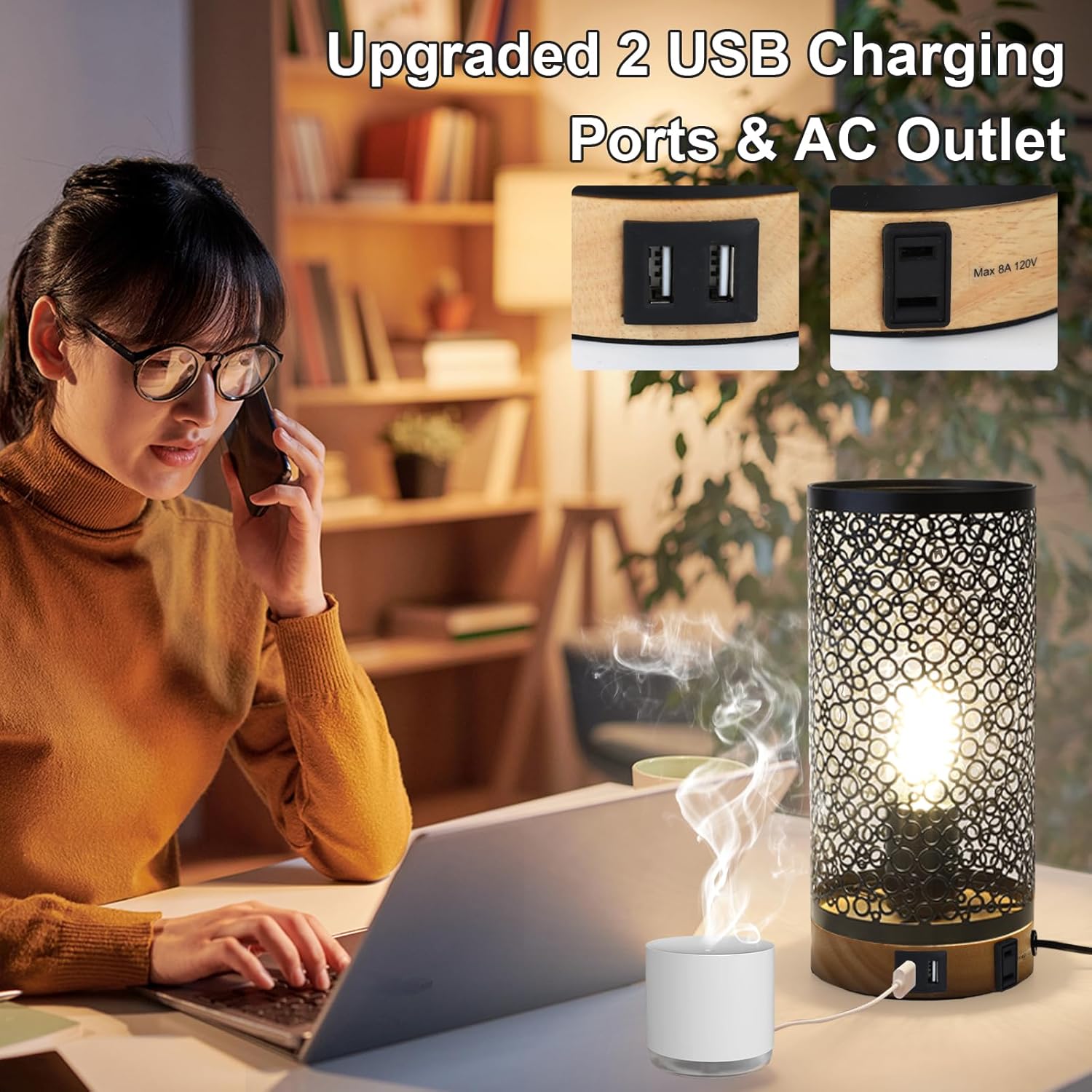 Juego de 2 lámparas de mesa con control táctil, lámparas de mesita de noche regulables con puerto USB y salidas de CA, lámparas industriales de