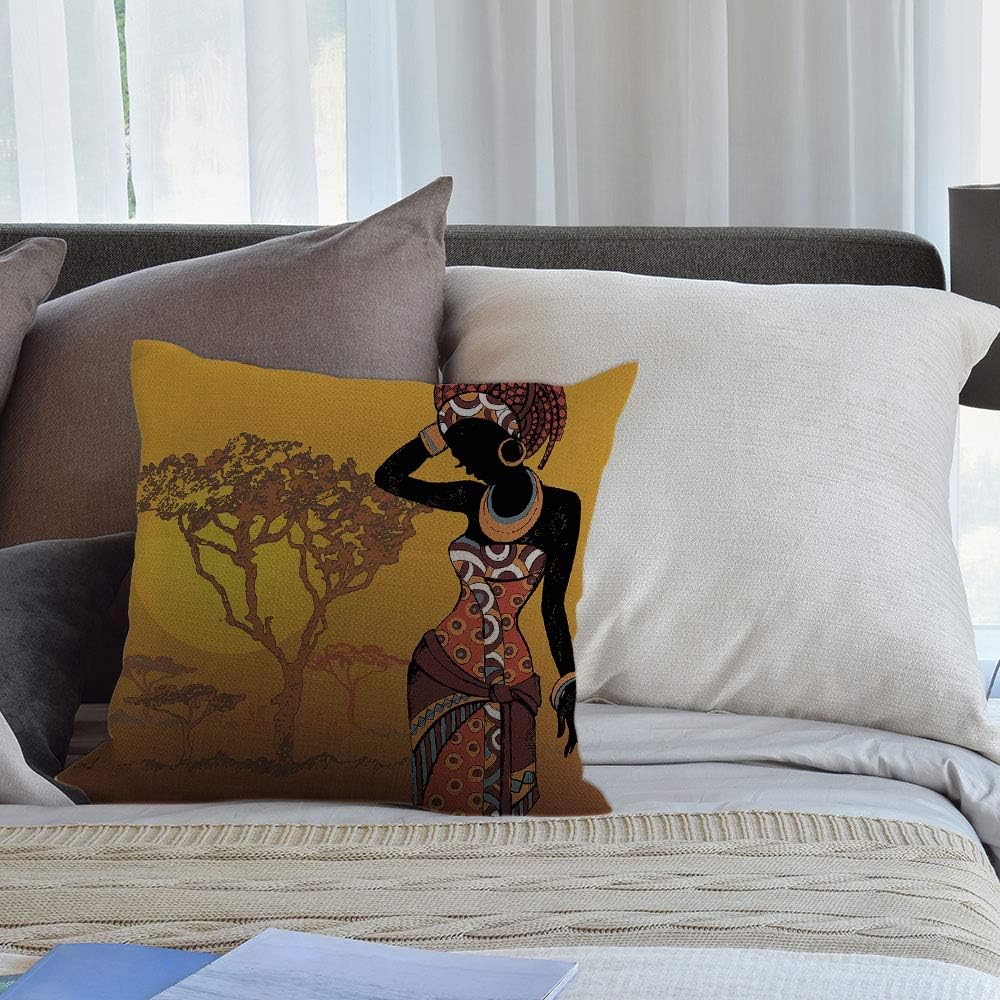 HGOD DESIGNS Fundas de almohada para mujeres africanas, diseño de mujer africana en la puesta de sol, funda de cojín decorativa de lino y algodón,