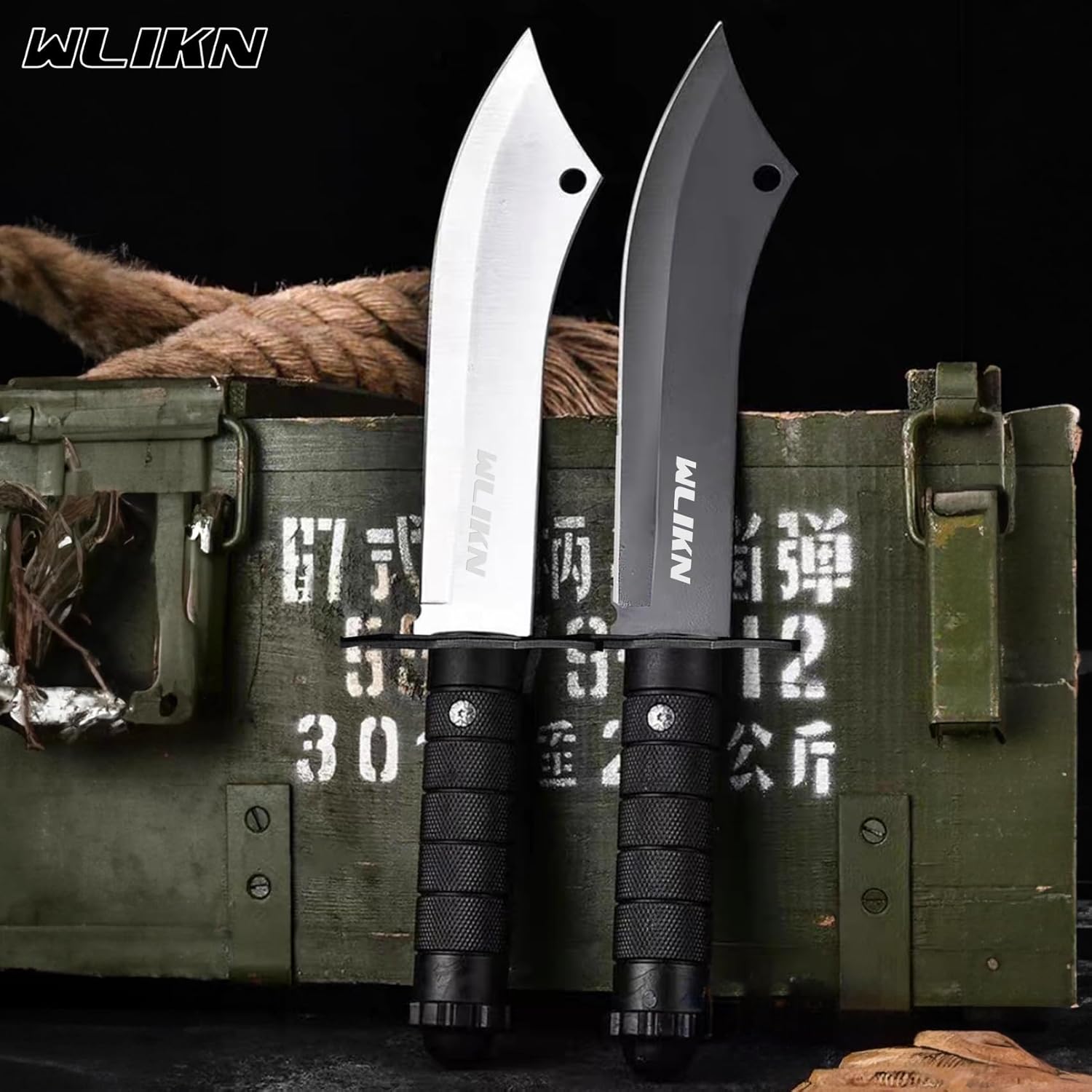Wlikn Cuchillo de hoja fija con funda, cuchillo Bowie de supervivencia de hoja de un solo filo fuerte con mango antideslizante, para camping, caza y
