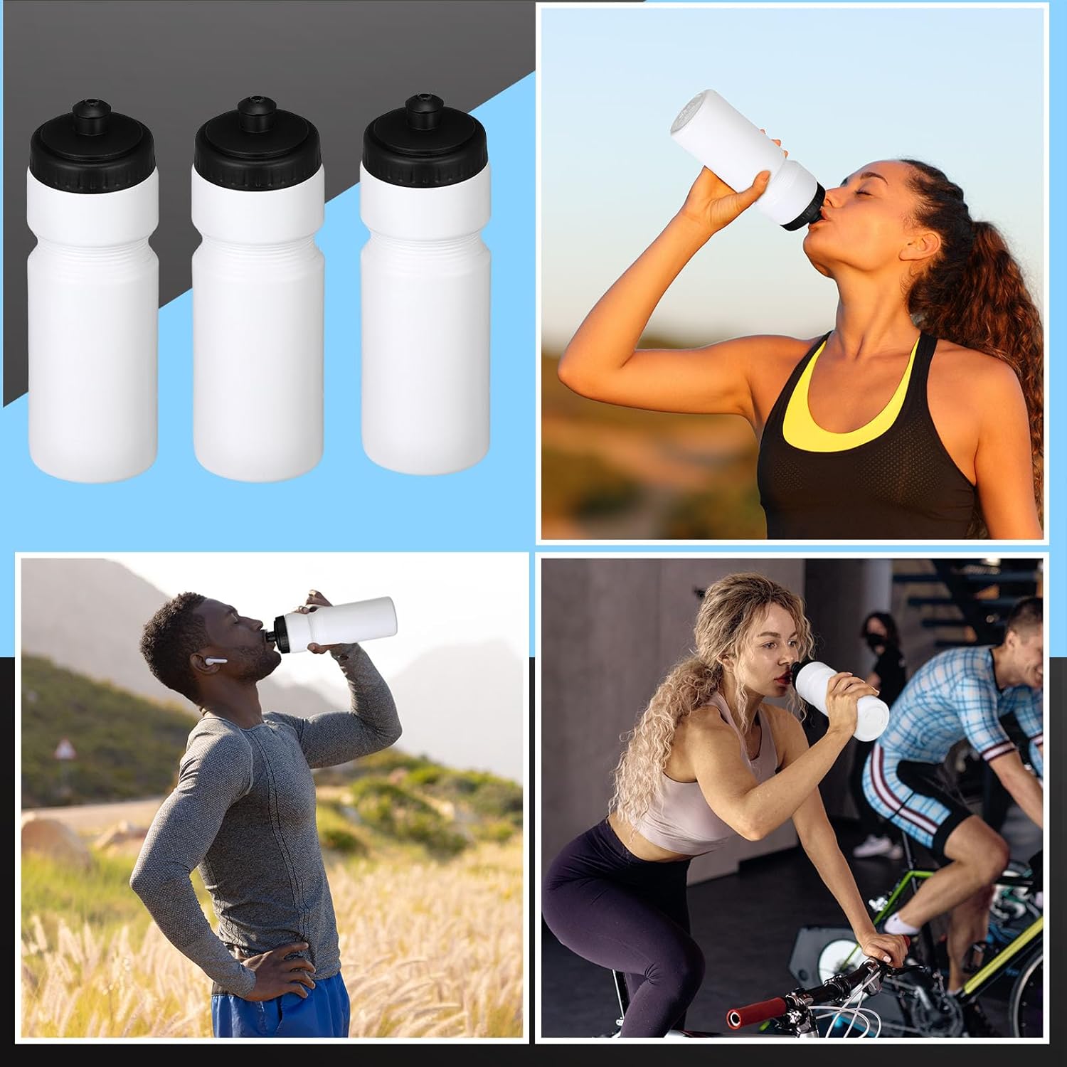 Sunnyray 10 botellas de agua deportivas reutilizables de 23 onzas, botellas de agua de plástico en blanco con tapa superior para niños y adultos,