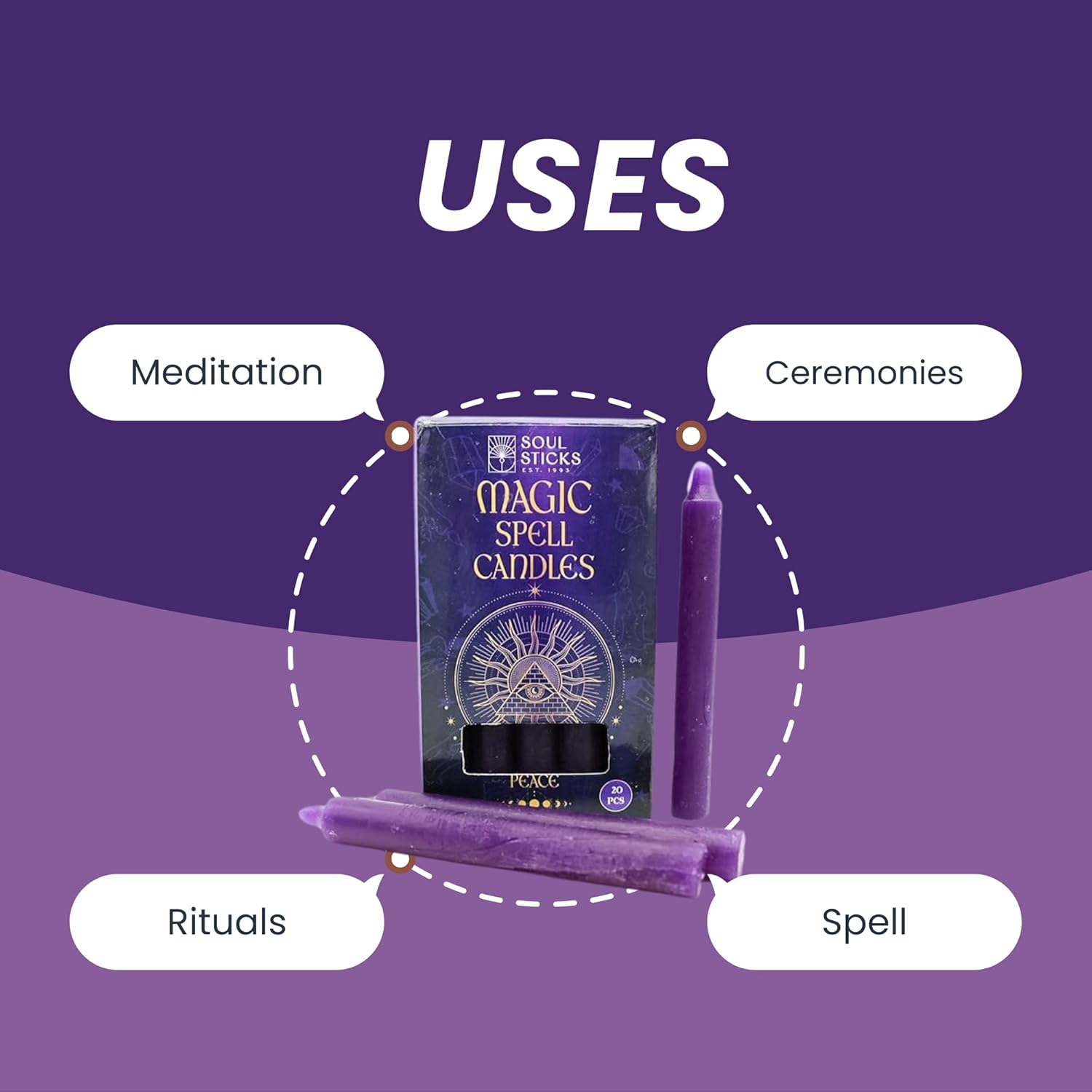 Soul Sticks Peace – Velas cónicas de hechizo mágico de 4 pies, 20 unidades, ideales para altar, rituales, ceremonias, vela púrpura de meditación