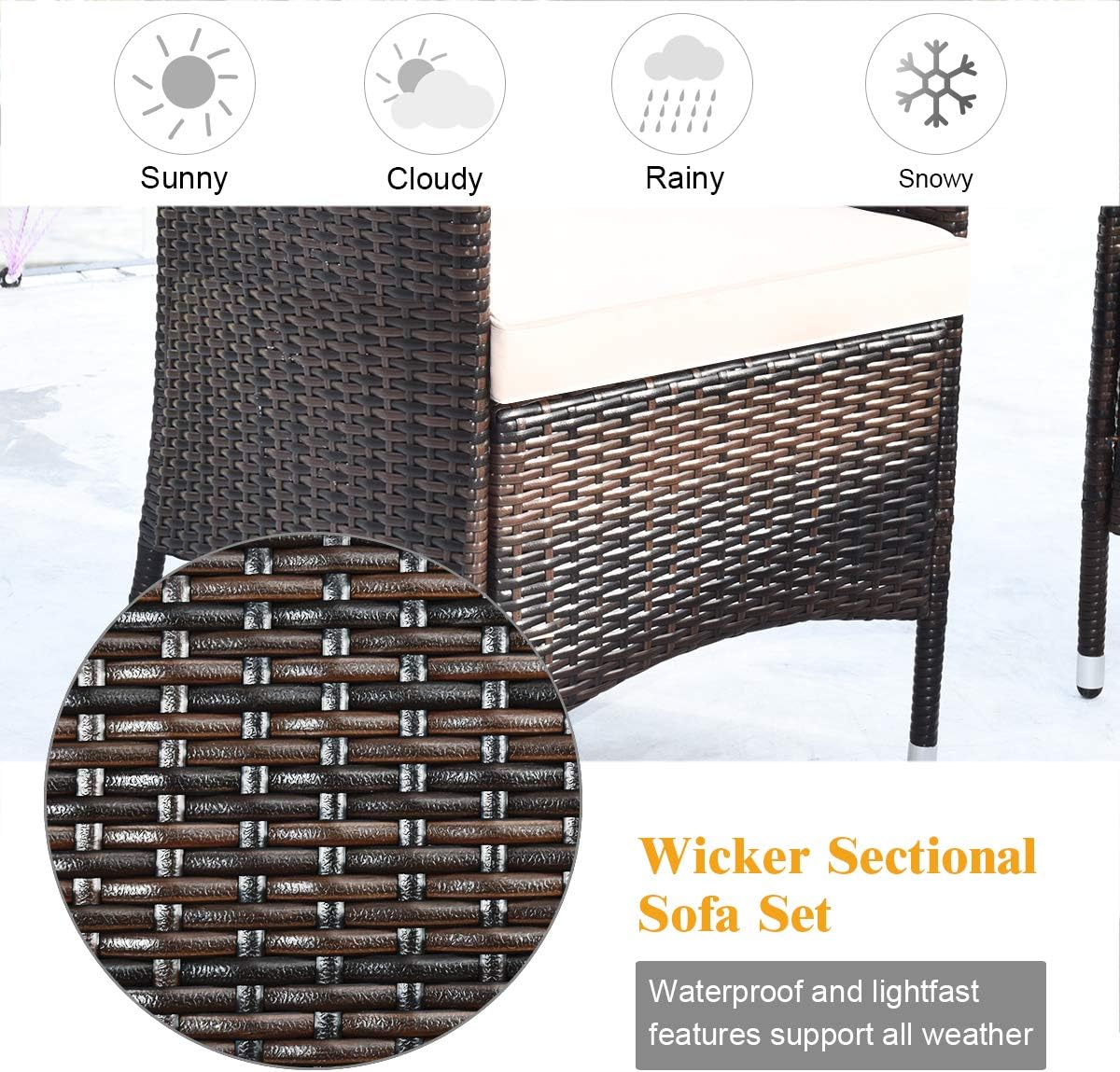 Juego de sofá de patio de 4 piezas, juego de conversación de mimbre con respaldo curvado ergonómico, juego de muebles de ratán para patio con cojín