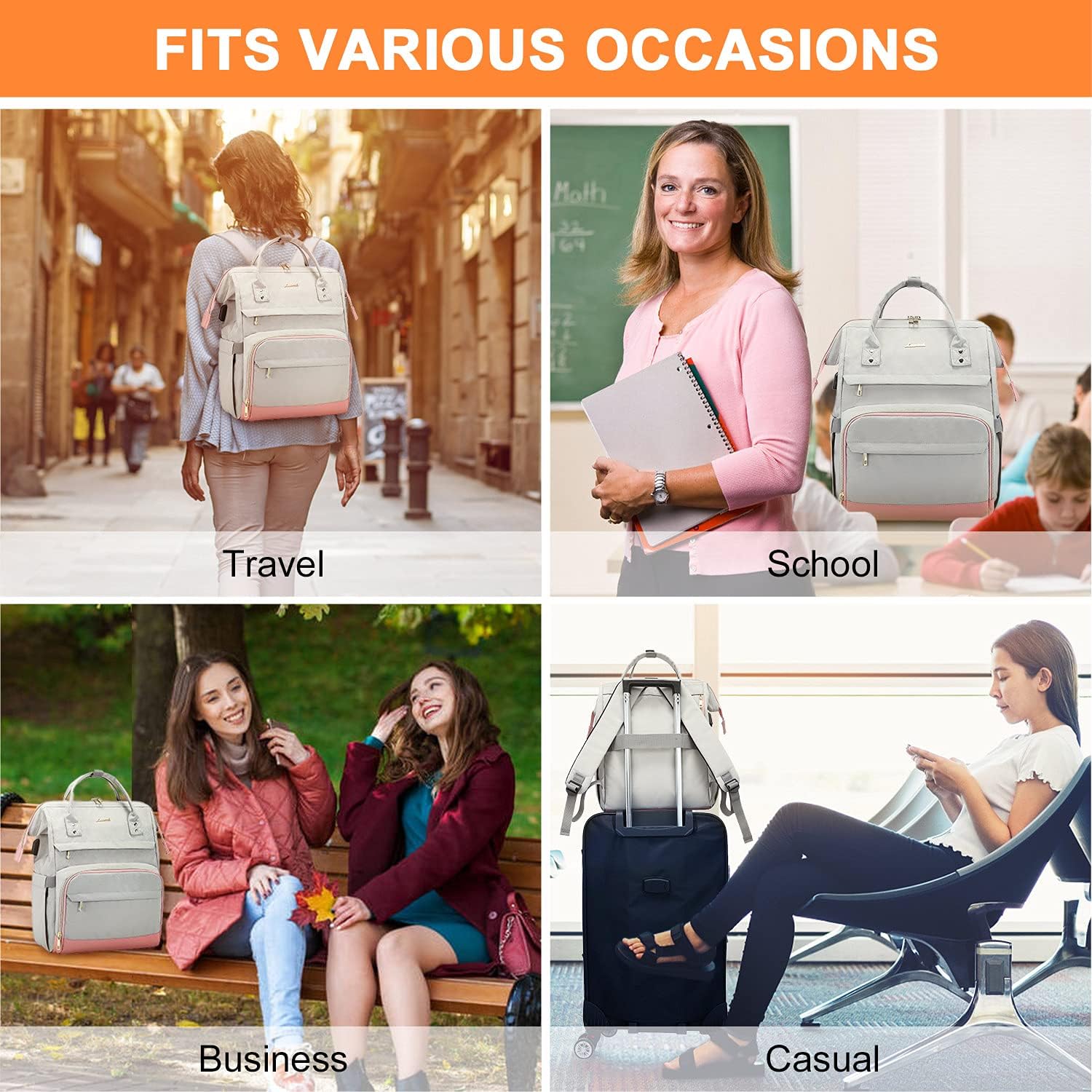 LOVEVOOK Mochila para laptop para mujer, mochila de viaje de 17 pulgadas, bolsa de libros para enfermeras, escuela, profesores, gris claro, rosa