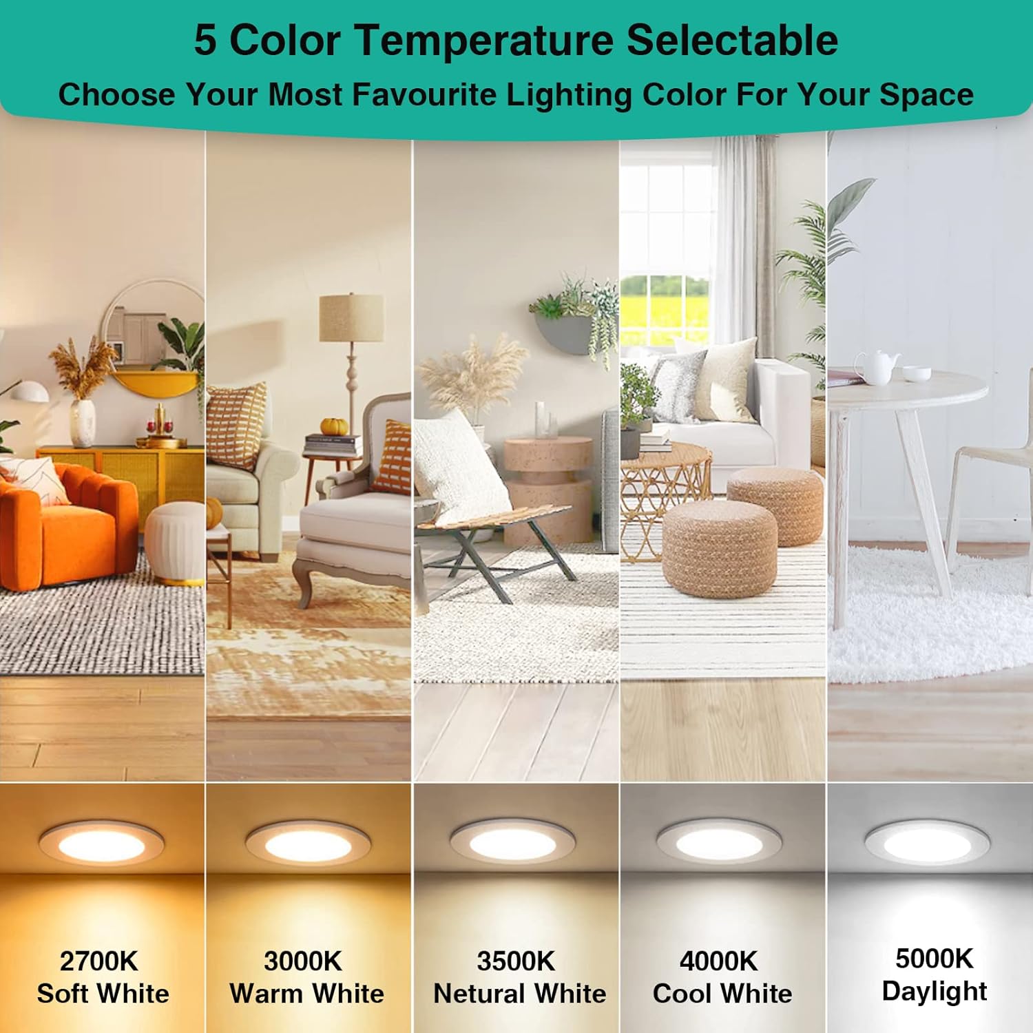 HiBay Paquete de 4 luces LED empotrables de techo de 4 pulgadas, 1200 lm, 12 W  150 W, 5CCT 5000 K4000 K3500 K3000 K2700 K seleccionables,