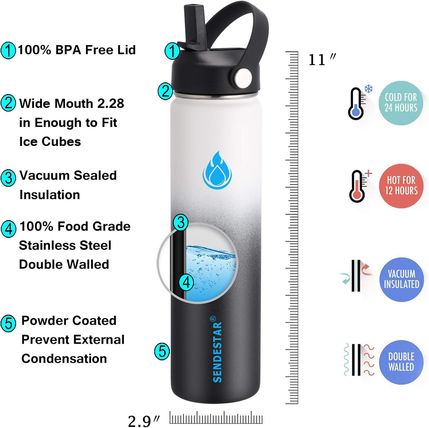 Botella Sendestar de acero inoxidable, 2 o 3 tapas, 18 onzas, 24 onzas, 32 onzas, 40 onzas, 64 onzas, 87 onzas, doble pared aislada al vacío, a