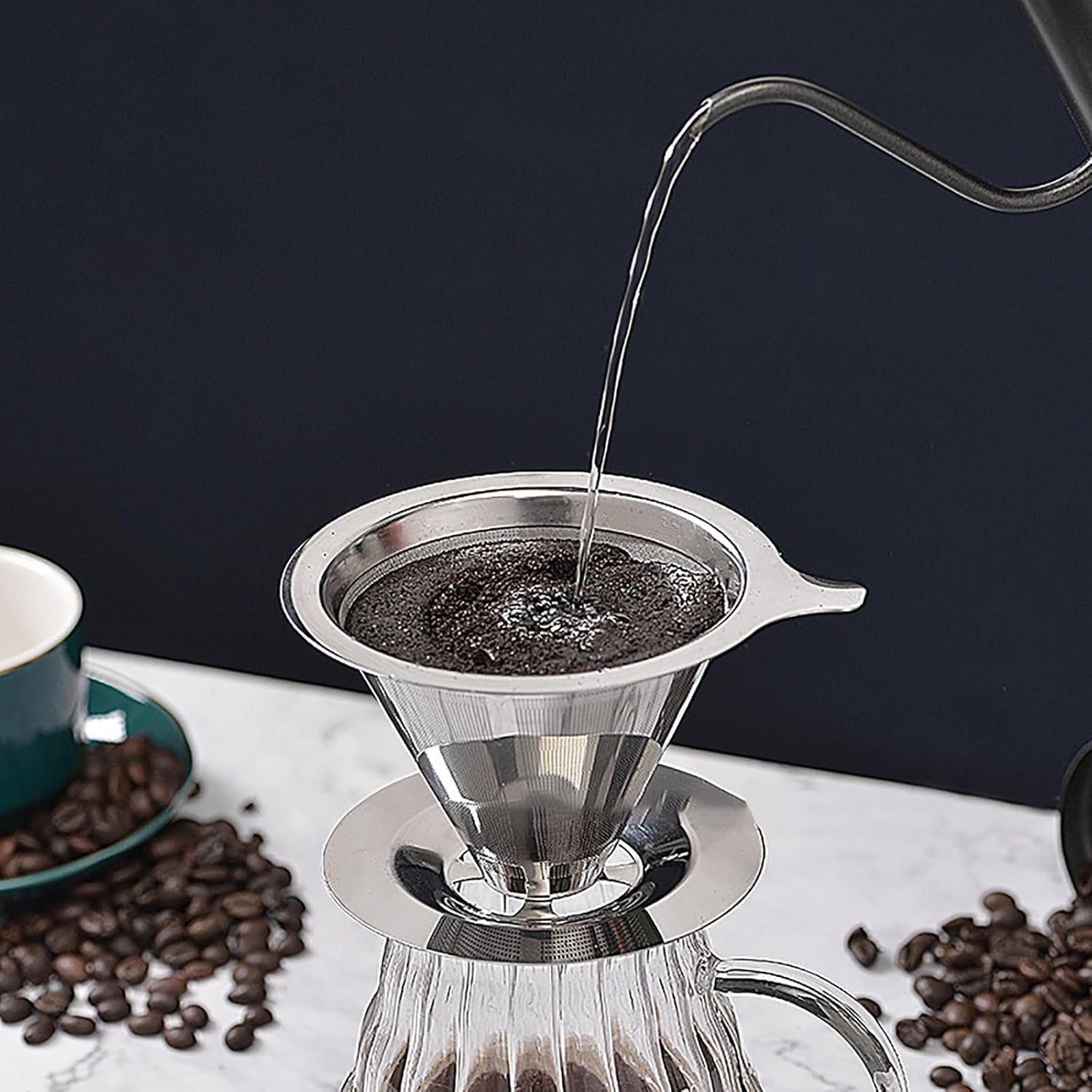 MOSHOU Verter sobre el gotero de café, filtro de café de goteo lento de acero inoxidable, cono de metal, filtro de café reutilizable sin papel de