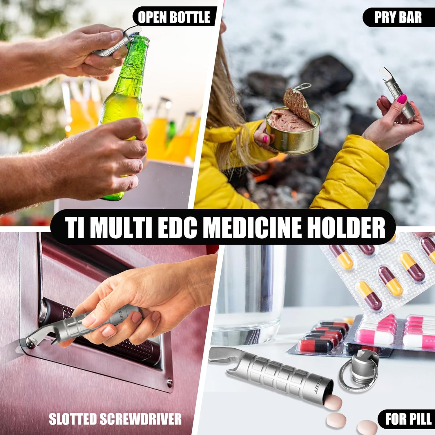 RXLUY Llavero de titanio, pastillero, barra de palanca, impermeable, organizador de píldoras de emergencia, caja portátil de bolsillo Prybar para