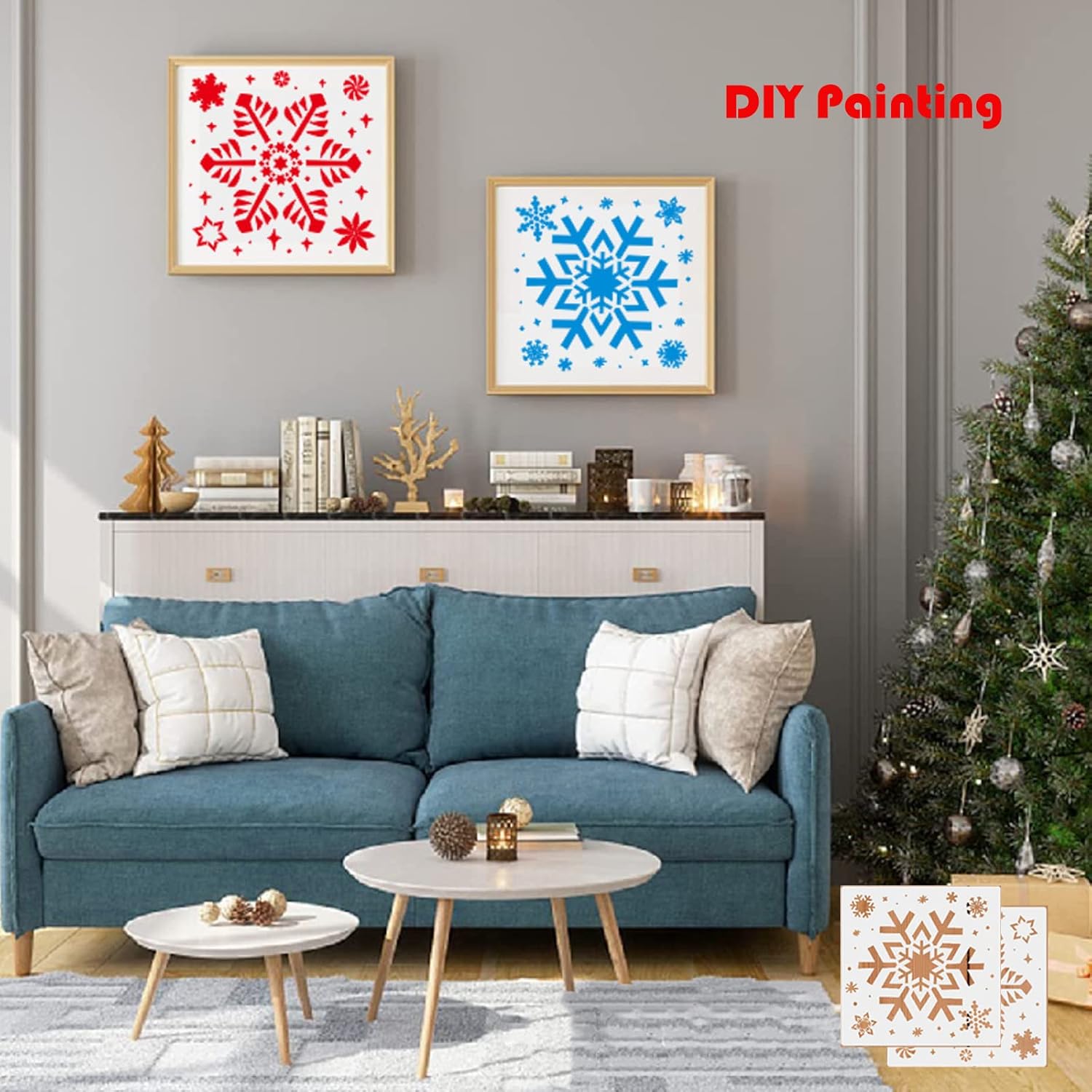 Plantillas de copo de nieve de Navidad para pintar sobre madera, paquete de 6 plantillas de Navidad grandes reutilizables para decoración de