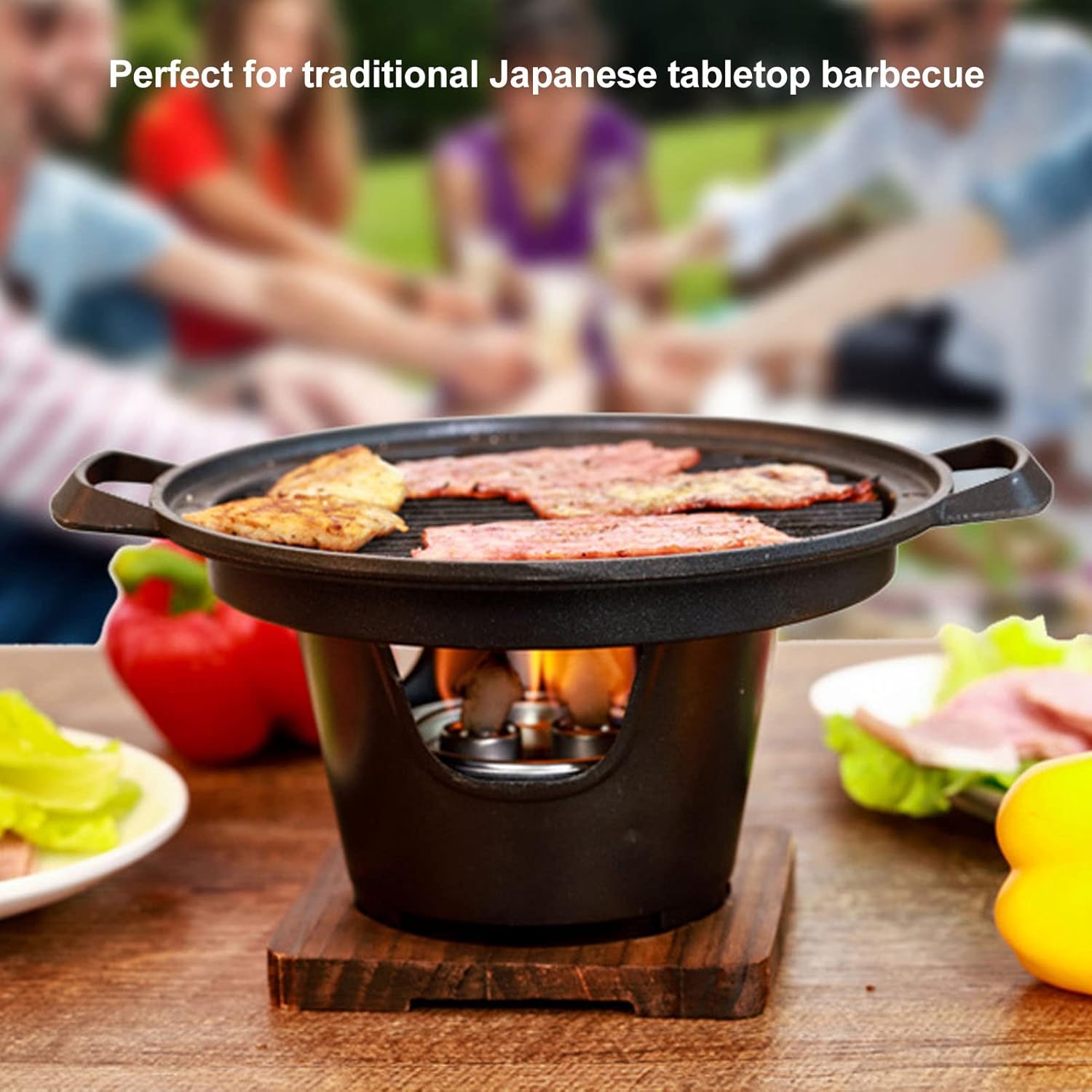 Parrilla de carbón, parrilla de carbón portátil Hibachi japonesa con base de madera, 8.46 x 6.89 x 5.31 pulgadas, parrilla portátil sin humo de