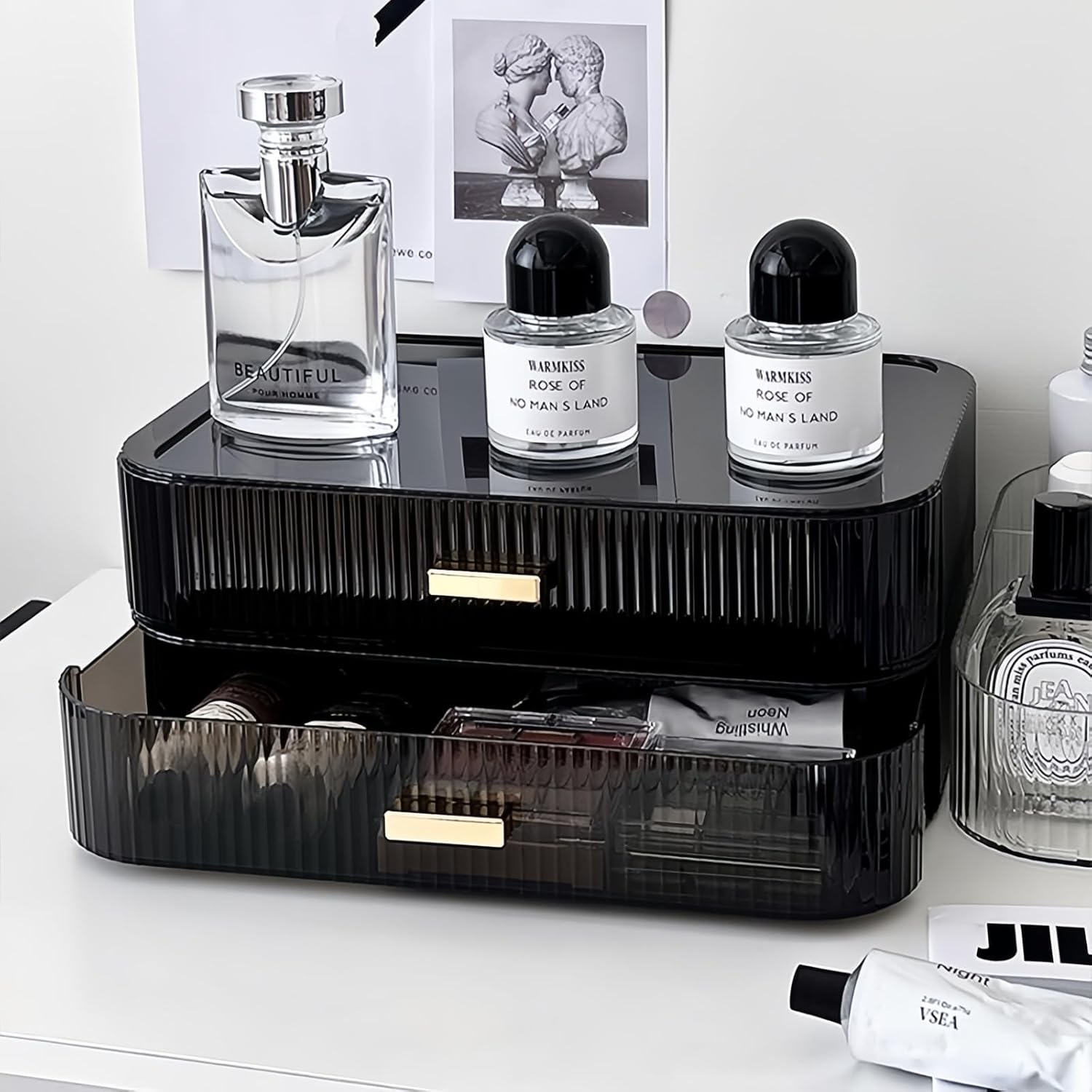 Decorcode Paquete de 2 organizadores de maquillaje apilables con cajones, almacenamiento de baño para paletas de sombras de ojos, cosméticos y