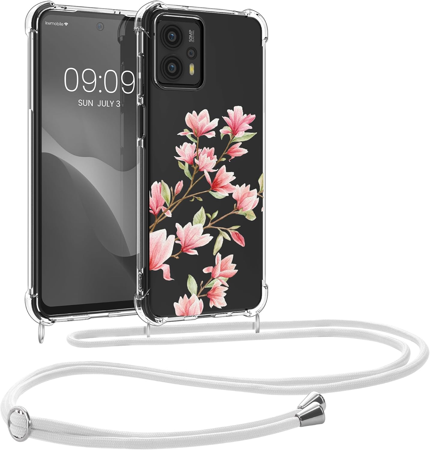 kwmobile Funda cruzada compatible con Motorola Moto G23 y Moto G13 – Magnolias RosaBlancoTransparente