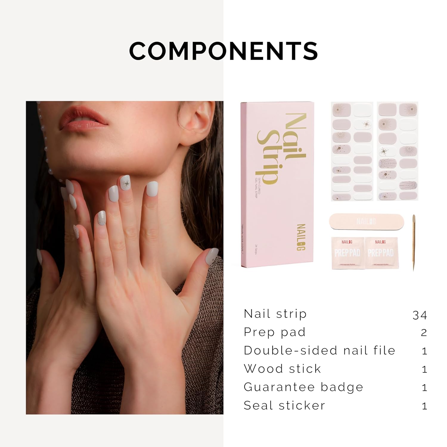 NAILOG Tiras de uñas de gel semicuradas, 34 piezas, compra 2 y obtén 1 lámpara UV, envolturas adhesivas de esmalte de uñas de larga duración con