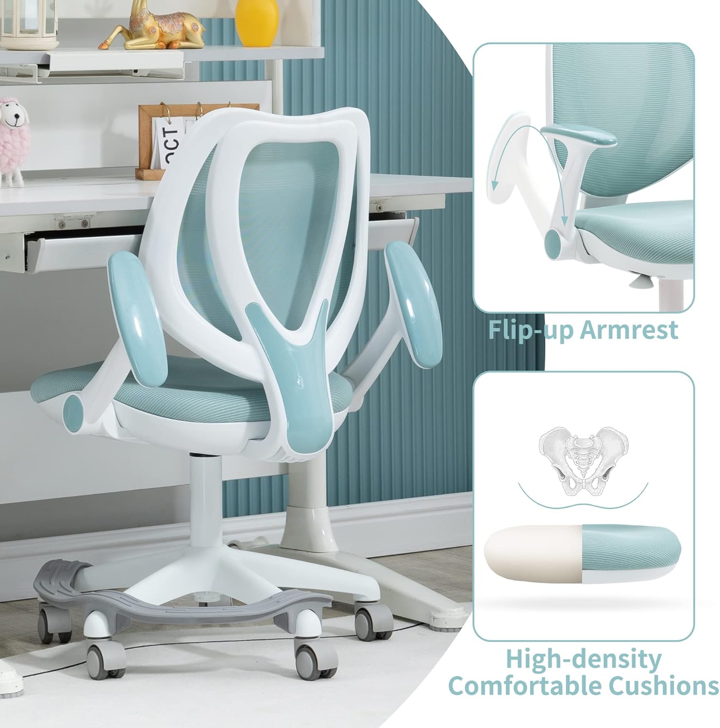 HOMEFUN Silla de escritorio para niños, sillas de computadora con reposabrazos y reposapiés para niños y niñas, bonita malla ergonómica con altura