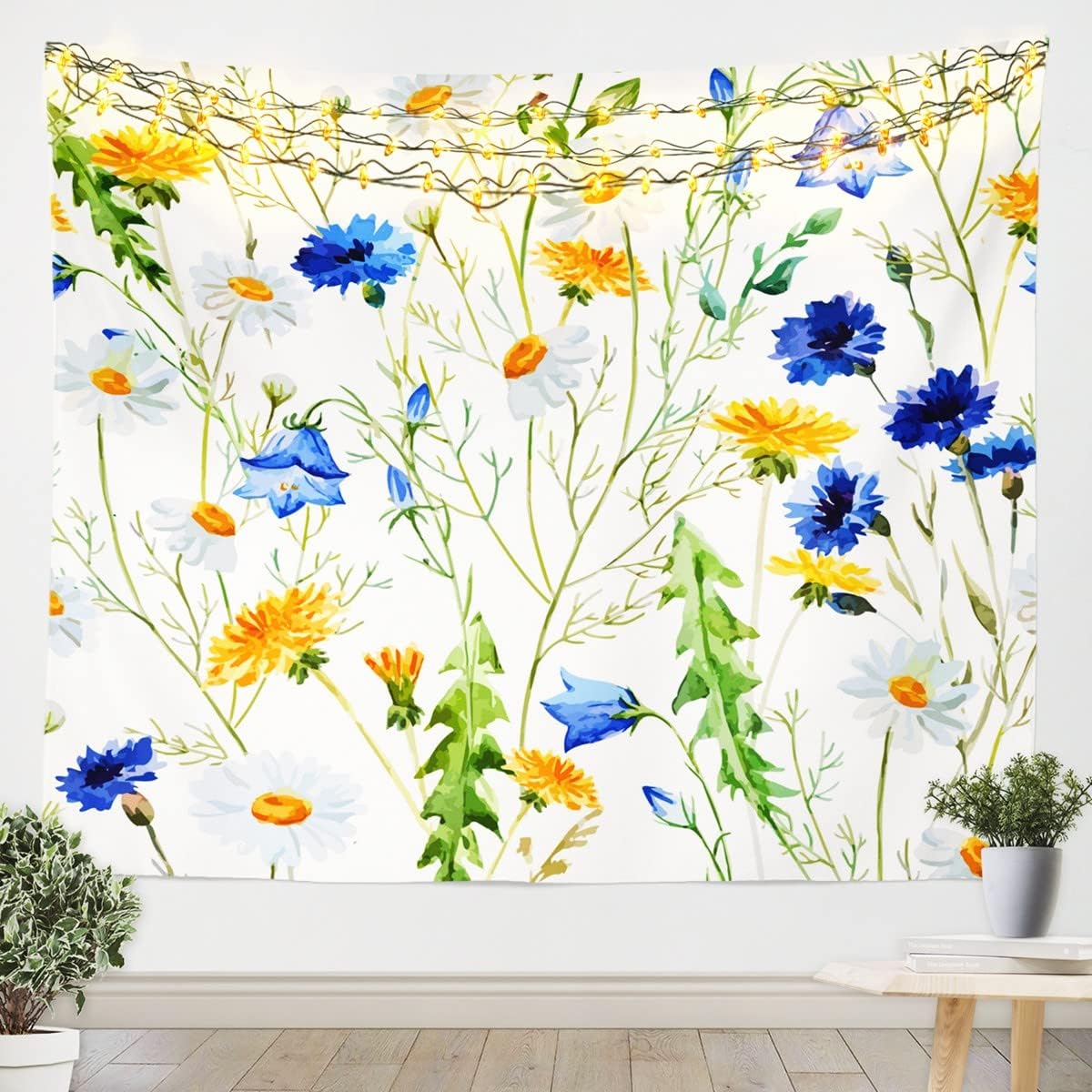 Tapices florales de acuarela azul y amarillo, tapiz de flores pastorales para colgar en la pared, arte para dormitorio, estético, divertido, tapices