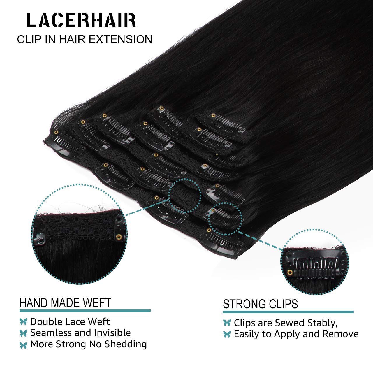 Lacer Extensiones de cabello humano con clip, de doble trama, cabello brasileño de cabeza completa, color negro azabache, extensiones de cabello