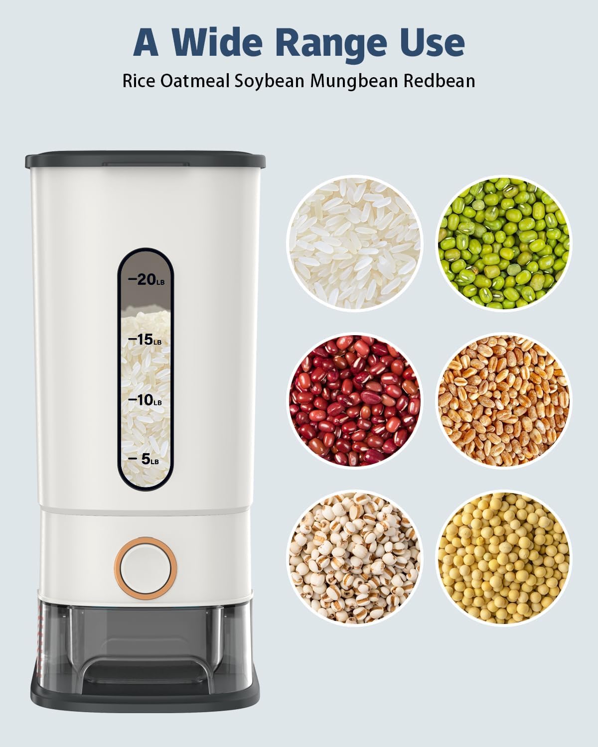 Lenwi Dispensador de arroz de 26.5 libras, recipiente grande de arroz con taza medidora de báscula, contenedor de almacenamiento de arroz doméstico